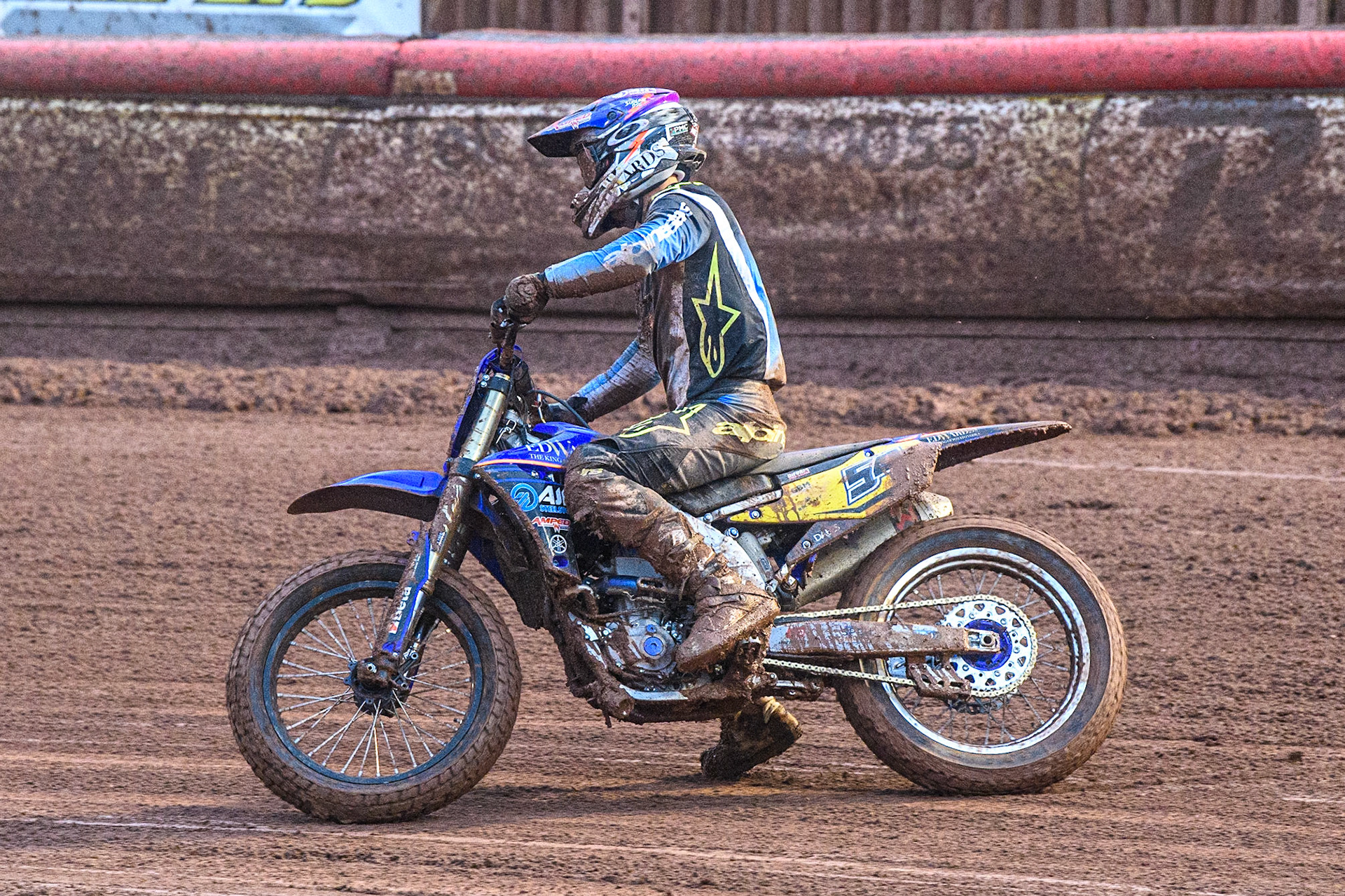 Tim Neave (54) from Great Britain tries to restart his bike during the race during the FIM World Flat Track Championship Round 1 at the National Speedway Stadium, Manchester on Saturday 5th August 2023. (Photo: Ian Charles | MI News)