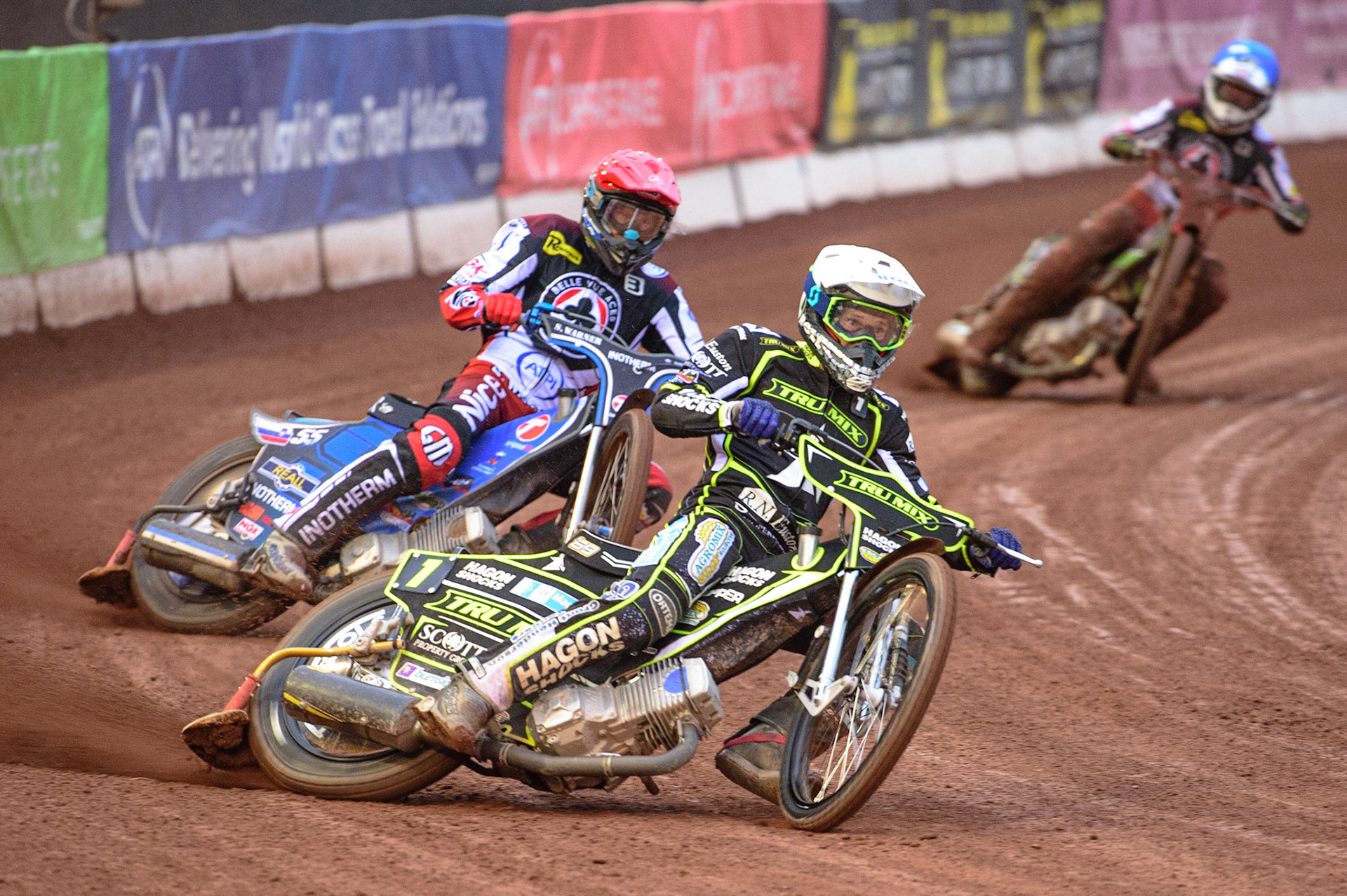 MANCHESTER, UK. JUN 6TH  Jason Doyle  (White) leads Matej Žagar  (Red) and Charles Wright  (Blue) during the SGB Premiership match between Belle Vue Aces and Ipswich Witches at the National Speedway Stadium, Manchester on Monday 6th June 2022. (Credit: Ian Charles | MI News)