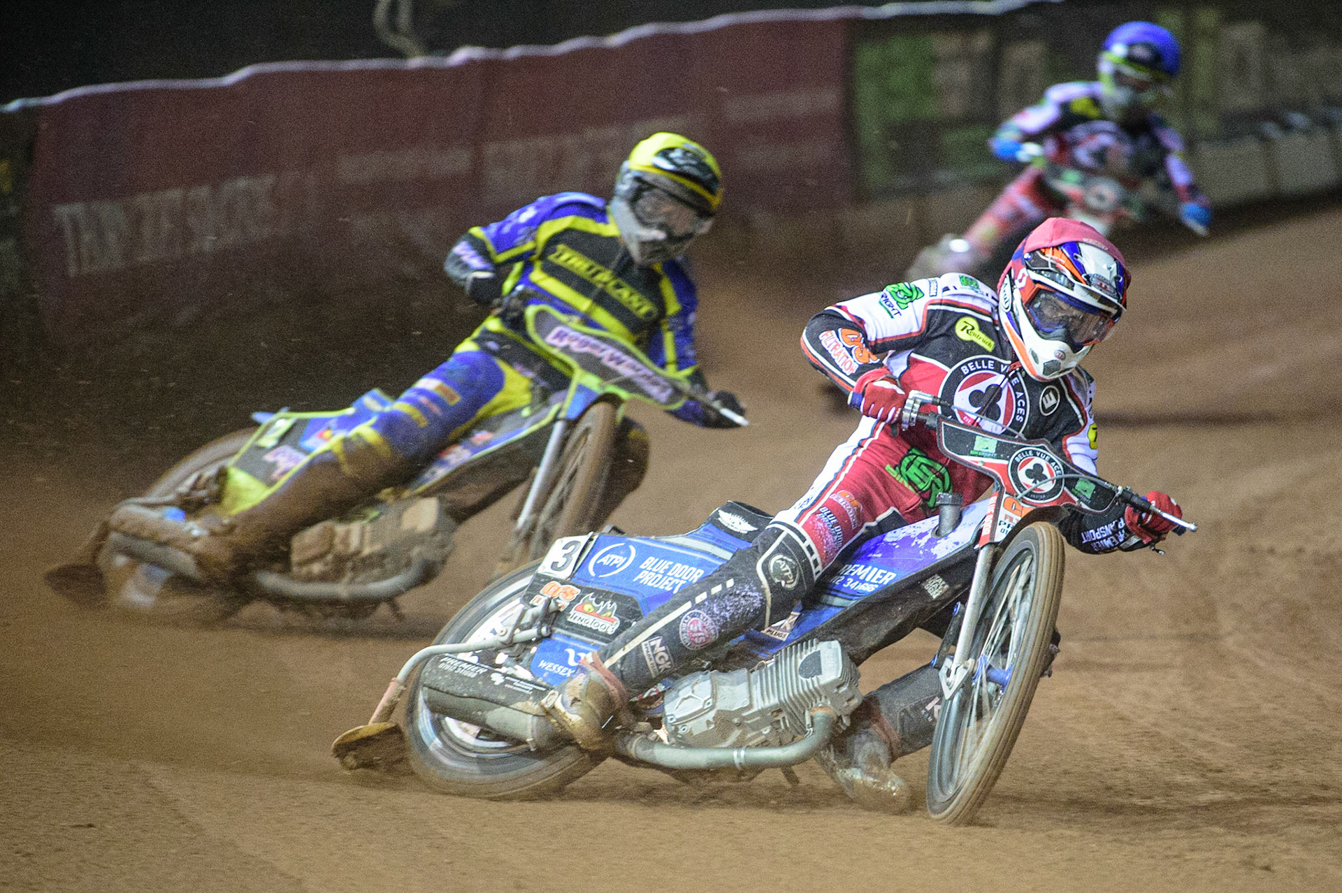 MANCHESTER, UK. OCT 7TH  Steve Worrall   (Red) leads Troy Batchelor  (Yellow) during the SGB Premiership Play off Semi-Final Second Leg between Belle Vue Aces and Sheffield Tigers at the National Speedway Stadium, Manchester on Thursday 7th October 2021. (Credit: Ian Charles | MI News)