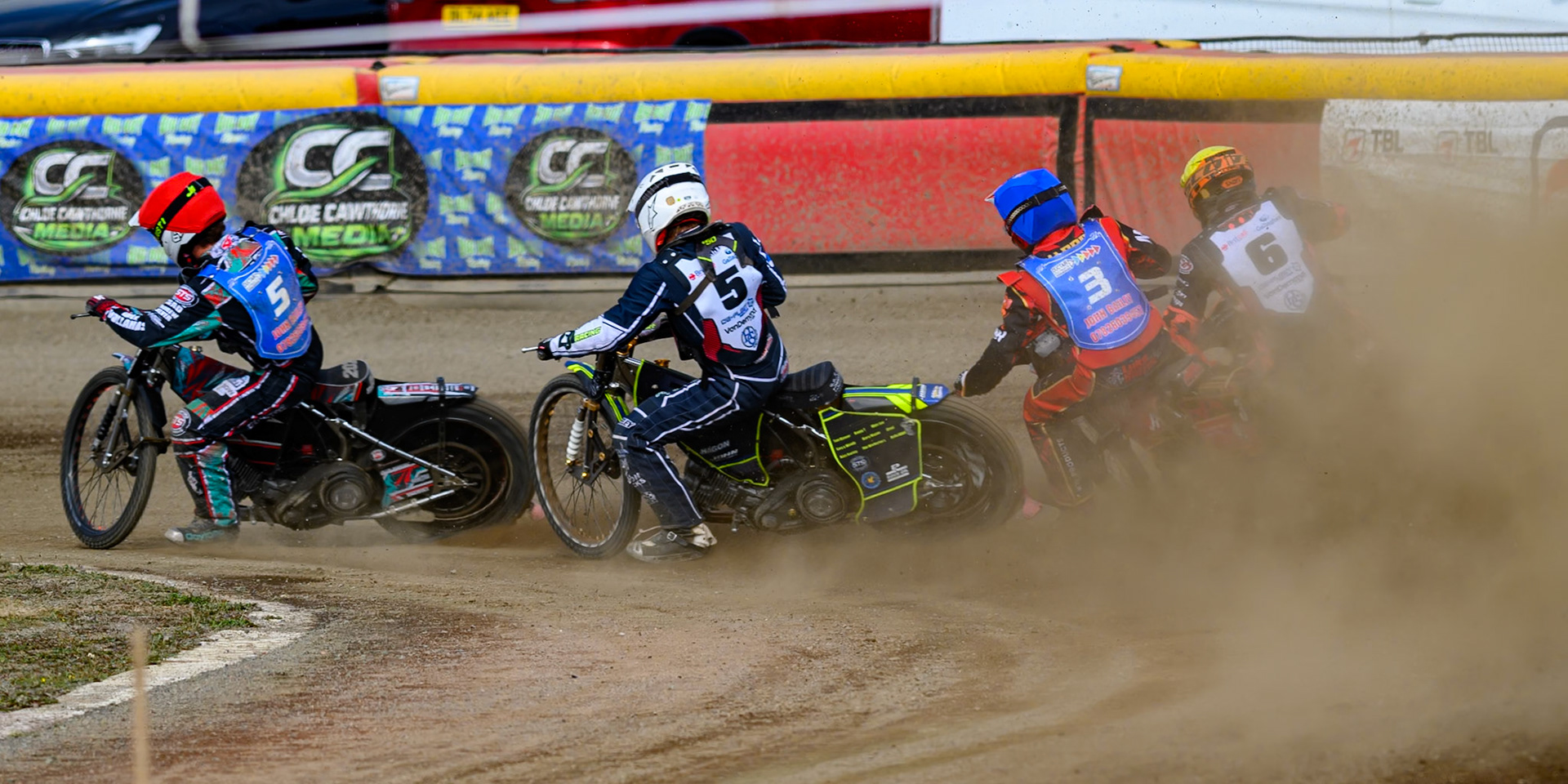 (L to R) Alfie Bowtell of Buxton Bulls in Red , Nathan Ablitt of Middlesborough Tigers in White , Luke Harris of Buxton Bulls in Blue  and Alex Spooner of Middlesborough Tigers in Yellow during the WSRA National Development League match  between Buxton Bulls and Middlesborough Tigers at Hi-Edge Speedway, Buxton on Sunday 16th August 2026. (Photo: Ian Charles | MI News)