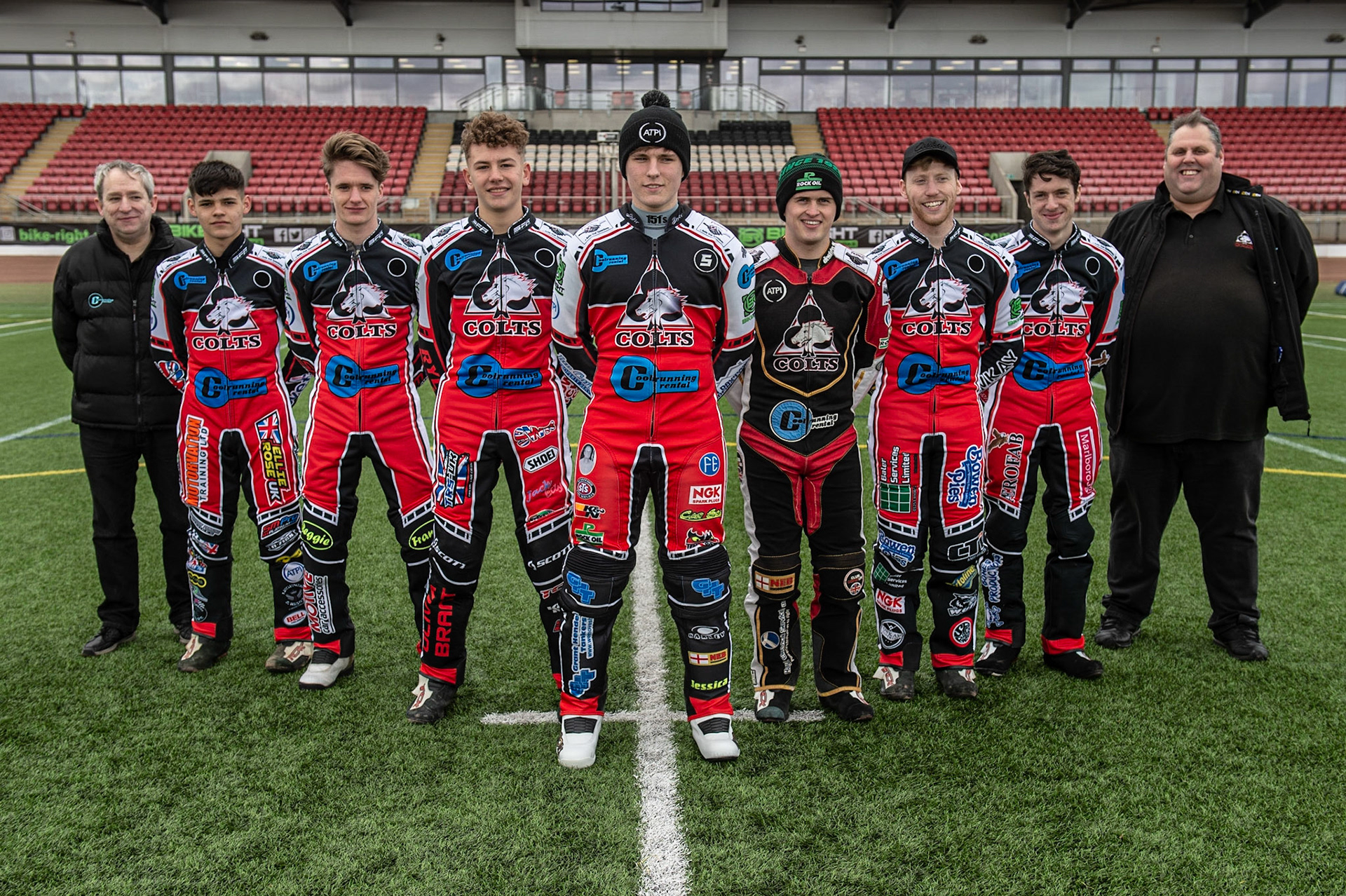 MANCHESTER, ENGLAND  - March 12  Belle Vue Colts (l-r) Graham Goodwin (Manager)Jordan Palin, Ben Rathbone, Harry McGurk, Kyle Bickley, Paul Smith, Paul Bowen, Ben Woodhull, Steve Williams (Manager)  during The Belle Vue Speedway Media Day, at The National Speedway Stadium, Manchester, on Thursday 12 March 2020. (Credit: Ian Charles | MI News)