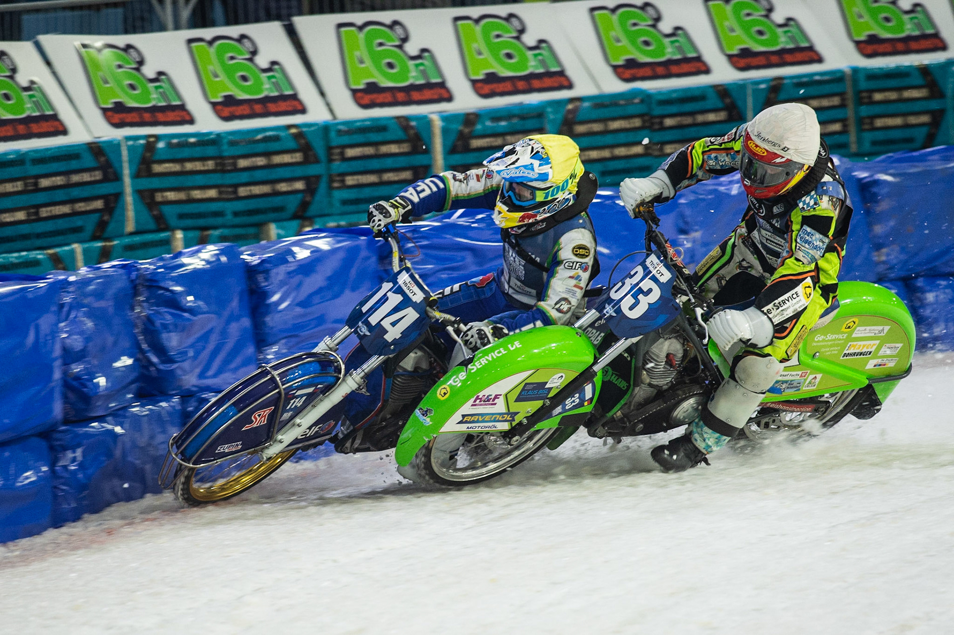 Photo: Ian Charles

Johann Weber (33) and Dinar Valeev (114) lock together and crash out 

FIM Ice Speedway Gladiators World Championship, Event 5.1, Ice Rink Thialf, Heerenveen, Netherlands Saturday  30  March  2019