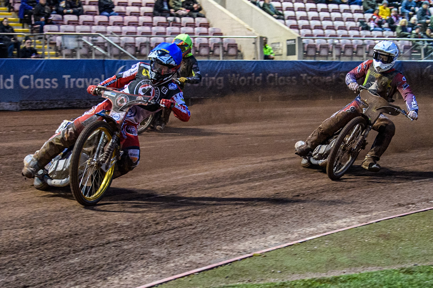 Belle Vue Aces' Connor Mountain in Blue leading Ipswich Witches' Emil Sayfutdinov in White during the Rowe Motor Oil Premiership match between Belle Vue Aces and Ipswich Witches at the National Speedway Stadium, Manchester on Monday 22nd April 2024. (Photo: Ian Charles | MI News)