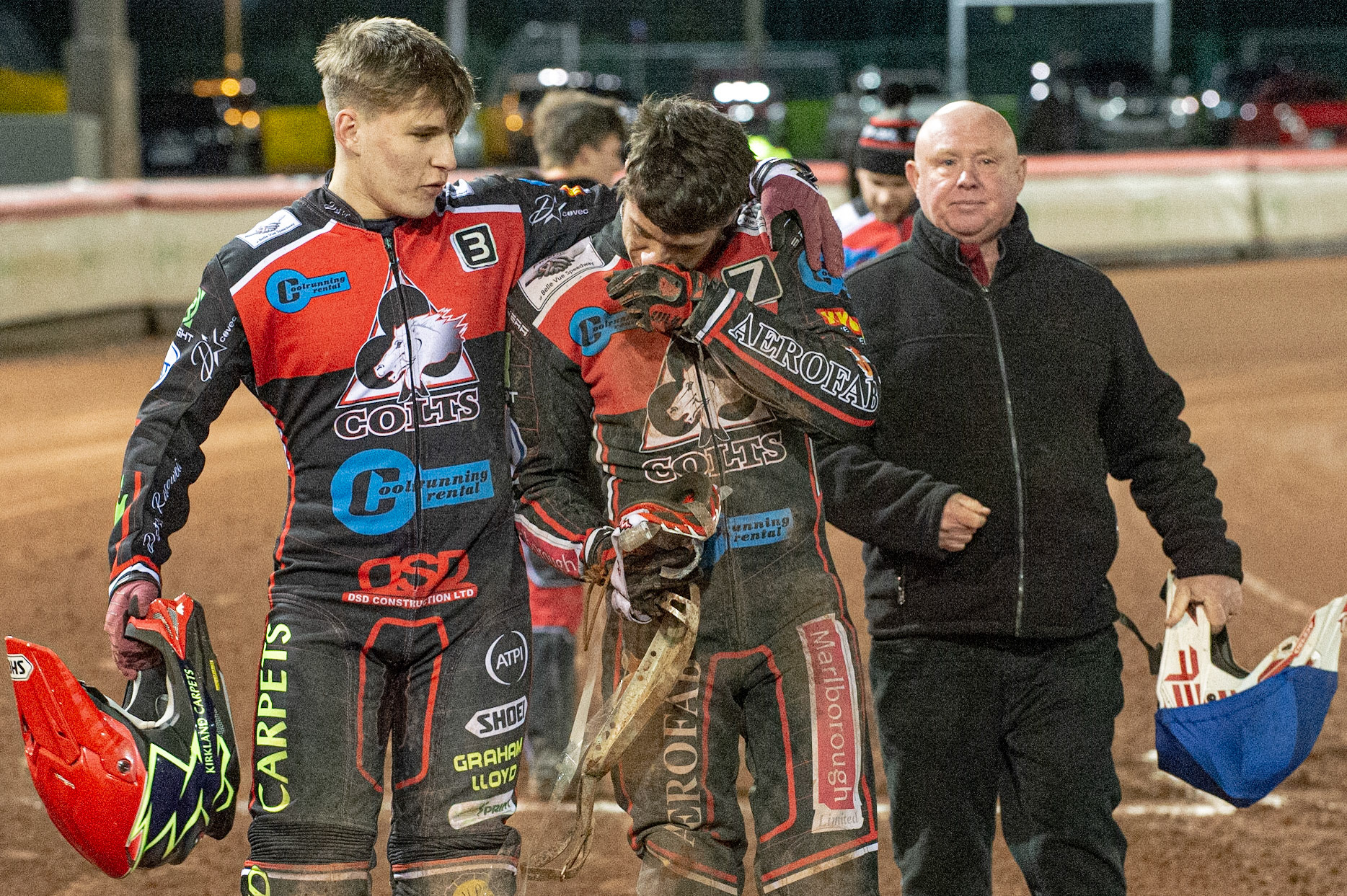 Photo: Ian Charles

Kyle Bickley   (left) consoles Ben Woodhull  after his fall on the final turn,  as  they walk back to the pits 

Belle Vue Colts v Leicester Lion Cubs, SGB National League KO Cup Final (2nd Leg), Belle Vue National Speedway Stadium, Manchester, Tuesday 29  October  2019