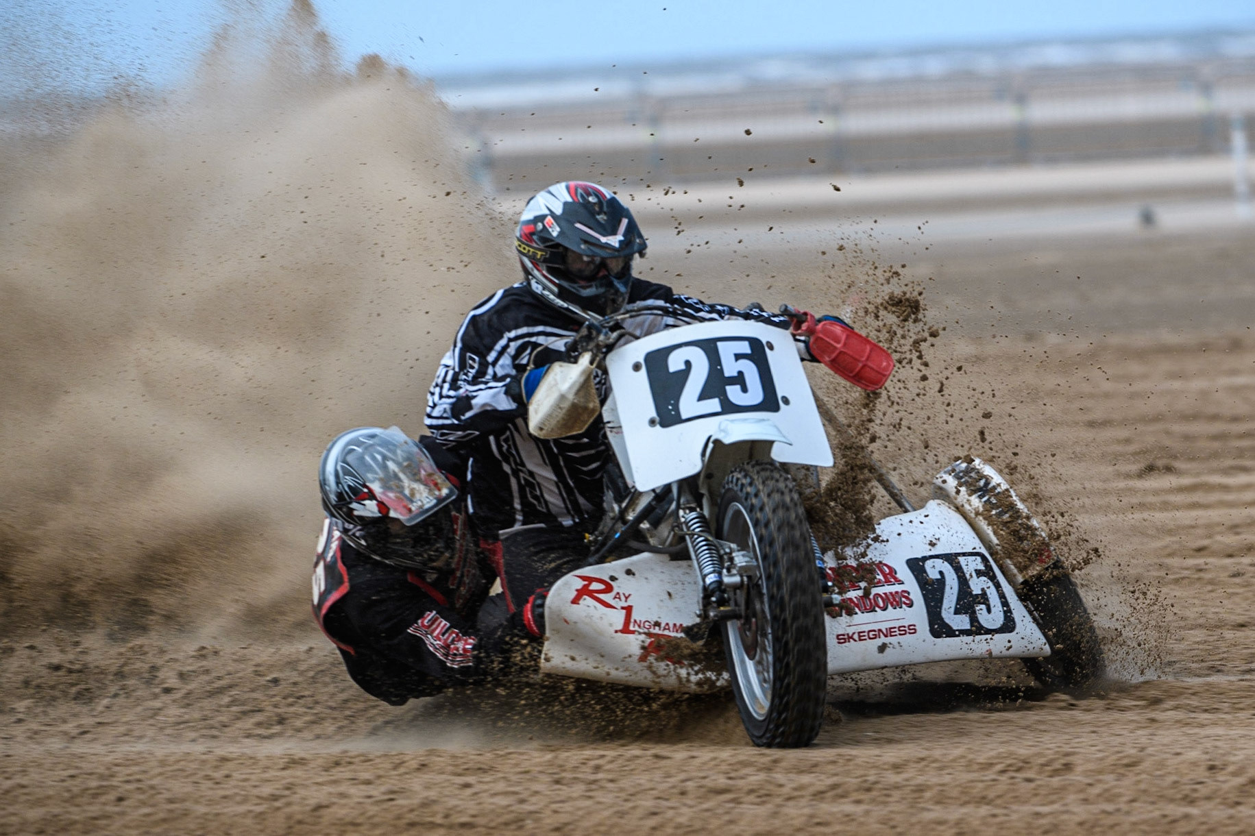 Colin Blackbourn &amp; Carl Pugh (25) in action  during the Fylde ACU British Sand Racing Masters Championship at  St Annes on Sea, Lancashire on Sunday 30th July 2023. (Photo: Ian Charles | MI News)