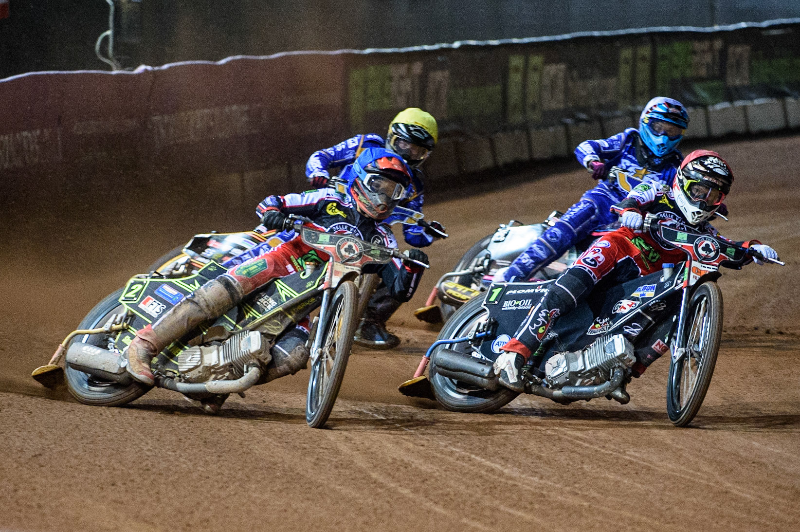 MANCHESTER, UK. SEPT 13TH  Dan Bewley  (Red) and Jye Etheridge  (Blue) leads Thomas Jorgensen   (White) and Connor Mountain  (Yellow) during the SGB Premiership match between Belle Vue Aces and King's Lynn Stars at the National Speedway Stadium, Manchester on Monday 13th September 2021. (Credit: Ian Charles | MI News)