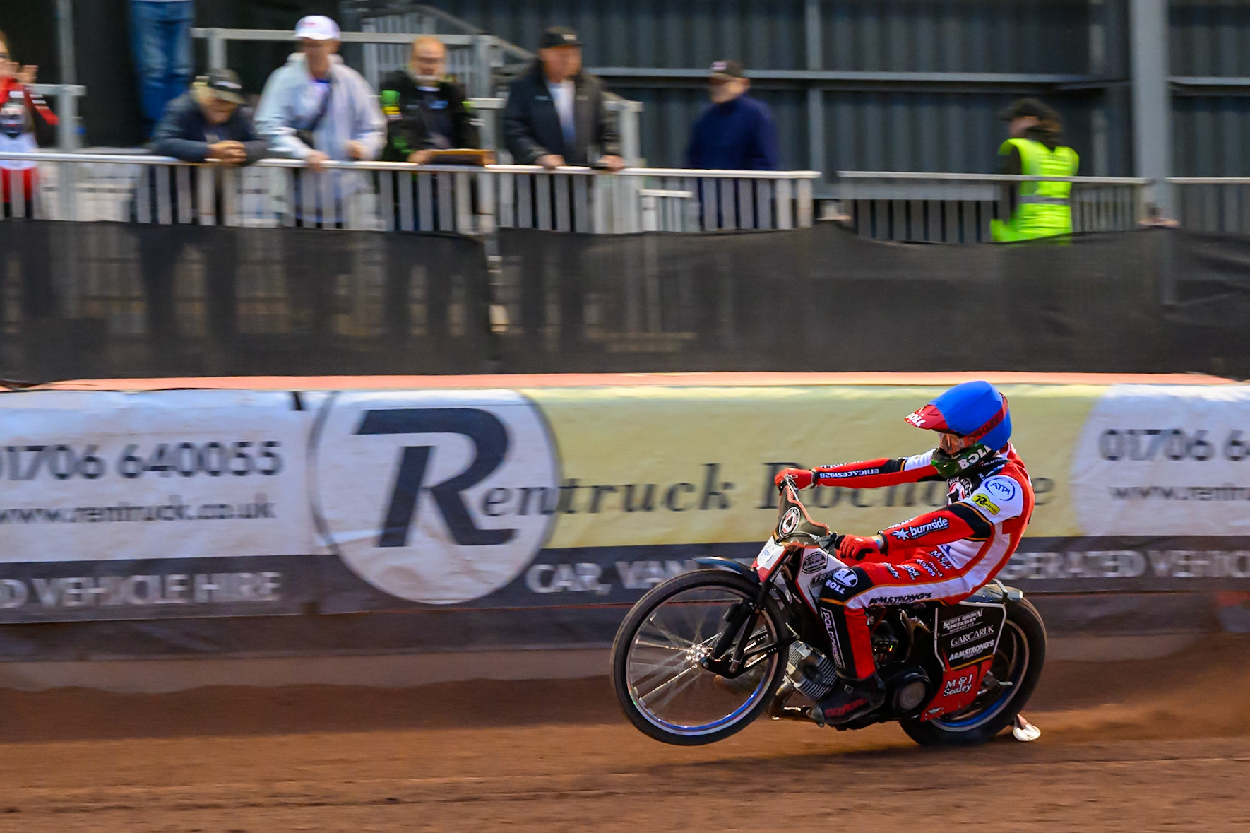 Belle Vue Aces' Brady Kurtz picks up some drive during the Rowe Motor Oil Premiership match between Belle Vue Aces and King's Lynn Stars at the National Speedway Stadium, Manchester on Monday 23rd June 2025. (Photo: Ian Charles | MI News)