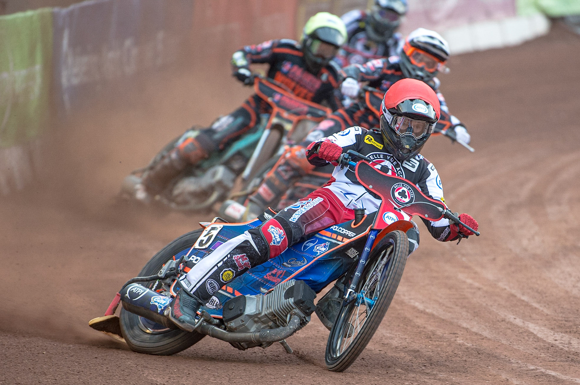 MANCHESTER, UK. JUN 13TH Brady Kurtz  (Red) leads Luke Becker  (White), Ryan Douglas  (Yellow) and Norick Blödorn  (Blue) during the SGB Premiership match between Belle Vue Aces and Wolverhampton  Wolves at the National Speedway Stadium, Manchester on Monday 13th June 2022. (Credit: Ian Charles | MI News)
