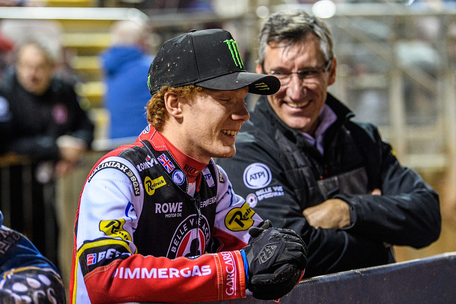 Mark Lemon, Team Manager of Belle Vue Aces (Right) chats with Dan Bewley of Belle Vue Aces during the Rowe Motor Oil Premiership match between Belle Vue Aces and King's Lynn Stars at the National Speedway Stadium, Manchester on Monday 5th April 2025. (Photo: Ian Charles | MI News)