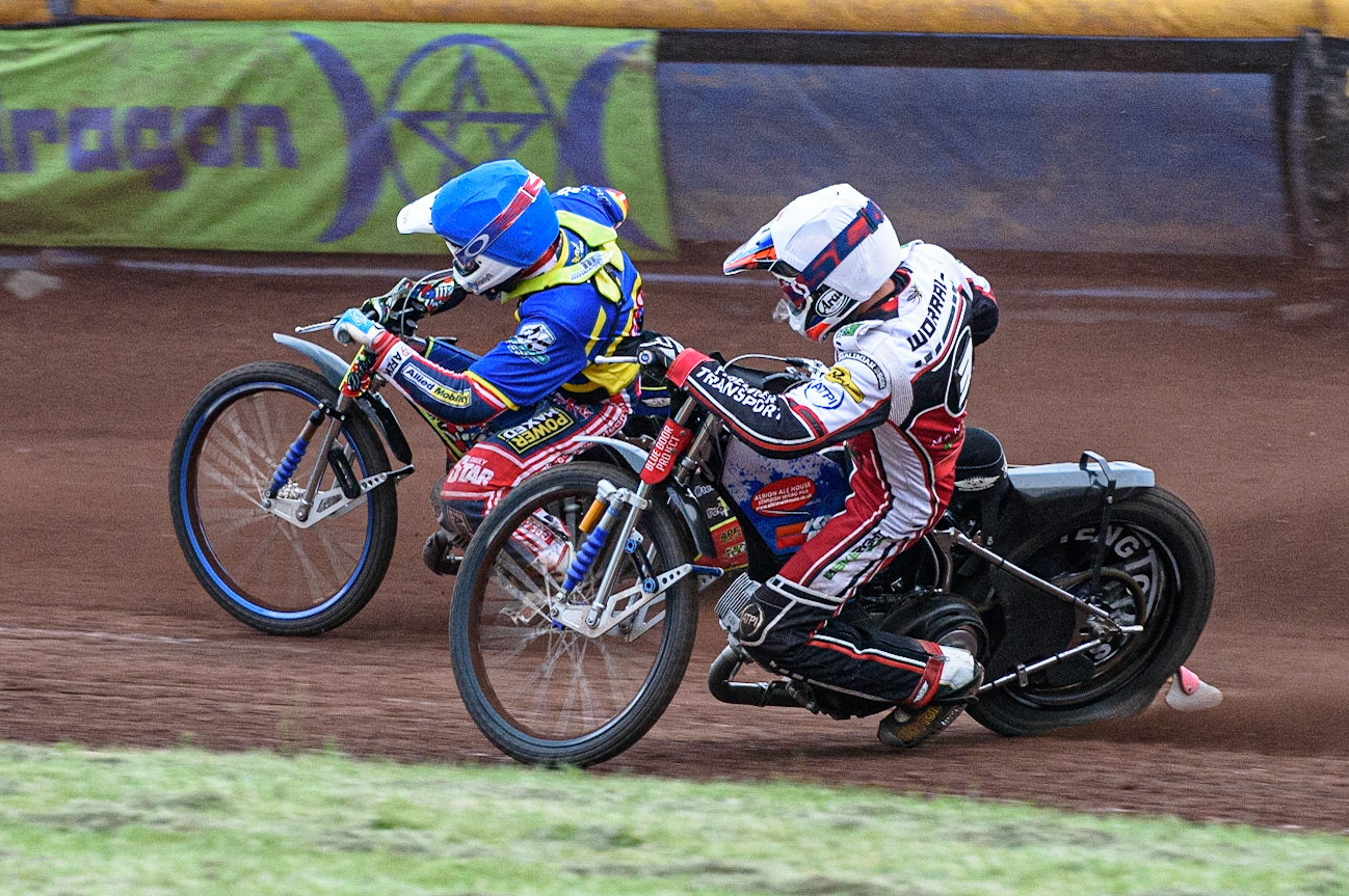 SHEFFIELD, UK. JULY 1ST     Anders Rowe  (Blue) passes Steve Worrall  (White) during the SGB Premiership match between Sheffield Tigers and Belle Vue Aces at Owlerton Stadium, Sheffield on Thursday 1st July 2021. (Credit: Ian Charles | MI News)