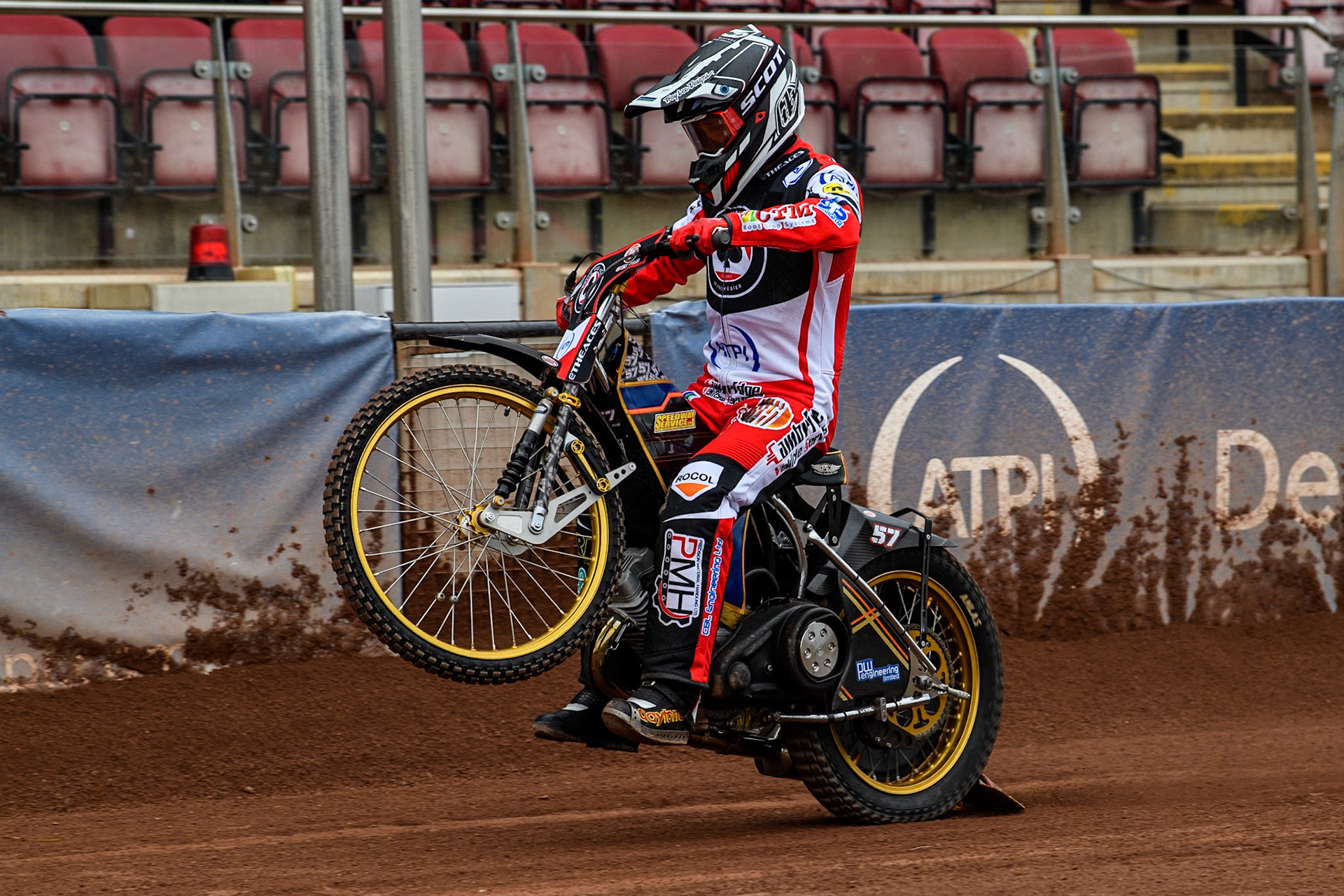 Belle Vue Aces' rider Connor Mountain does a practice start during the Belle Vue Aces Media Day at the National Speedway Stadium, Manchester on Monday 11th March 2024. (Photo: Ian Charles | MI News)