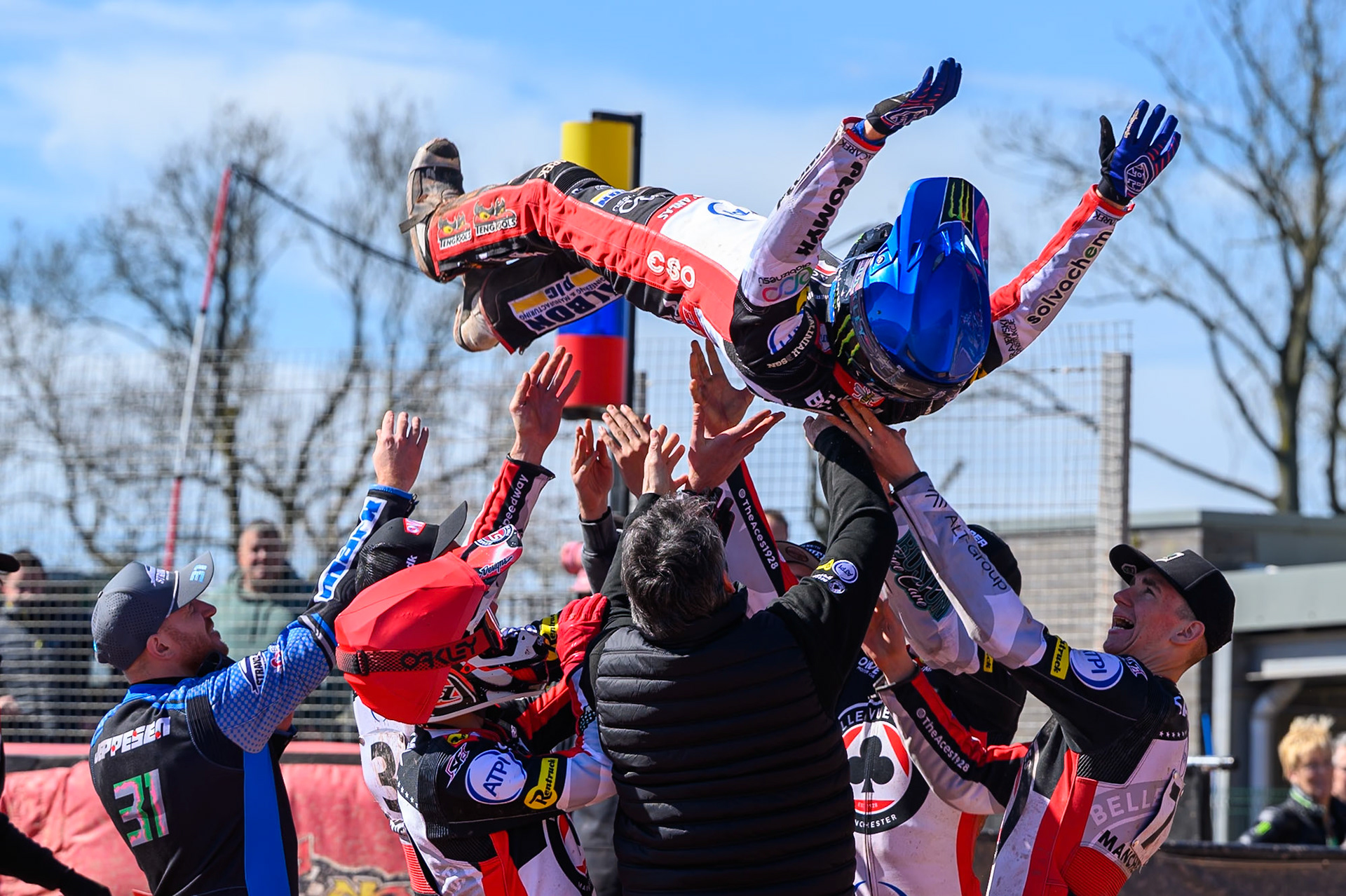 Dan Bewley  of Belle Vue Aces  gets the bumps from his team mates during the Knockout Cup Northern Section match between Belle Vue Aces and Leicester Lions at the National Speedway Stadium, Manchester on Monday 6th April 2026. (Photo: Ian Charles | MI News)