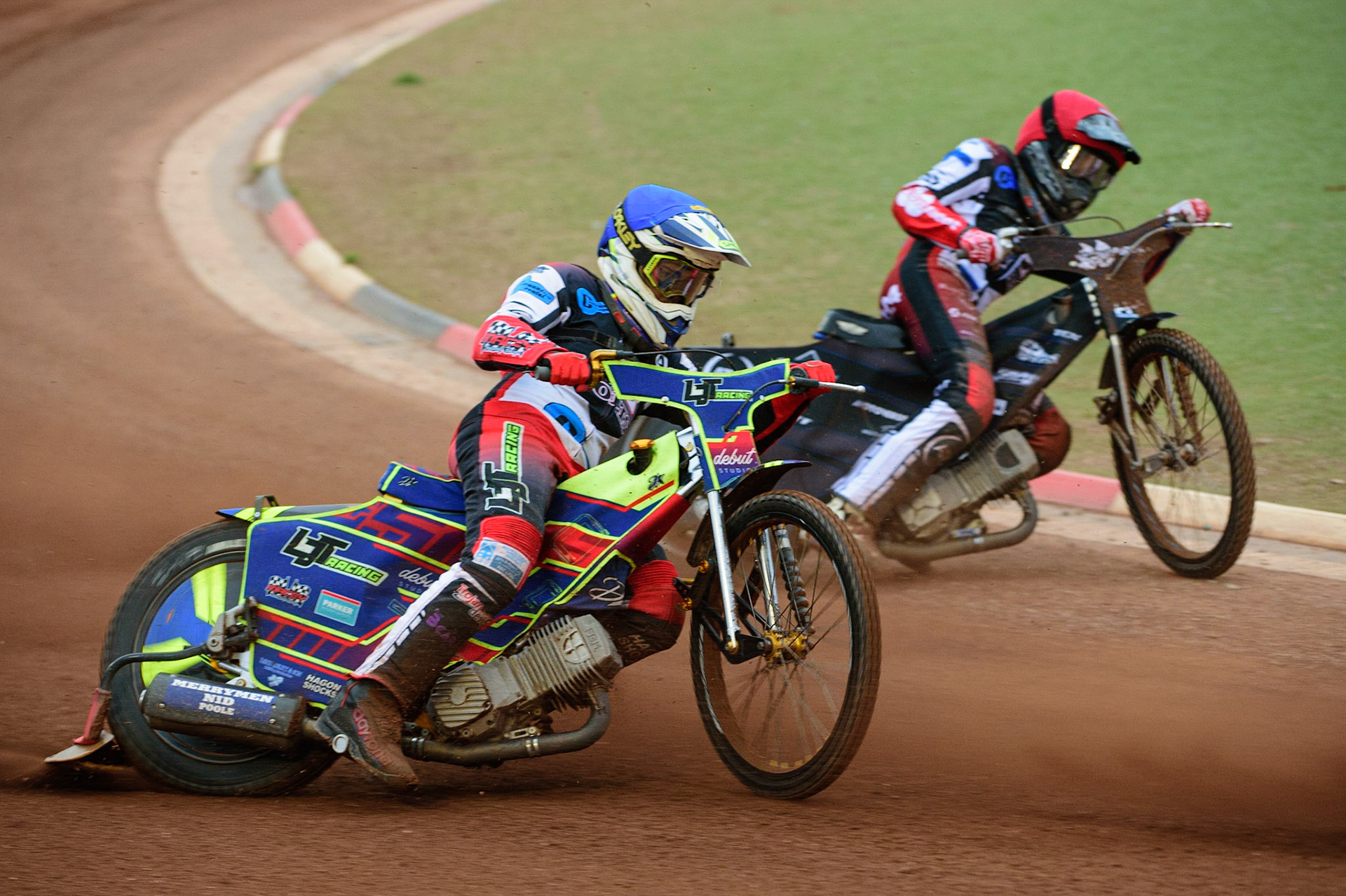 MANCHESTER, UK. JUN 24TH  Nathan Ablitt  (Blue)’ outside Harry McGurk  (Red) during the National Development League match between Belle Vue Colts and Berwick Bullets at the National Speedway Stadium, Manchester on Friday 24th June 2022. (Credit: Ian Charles | MI News)