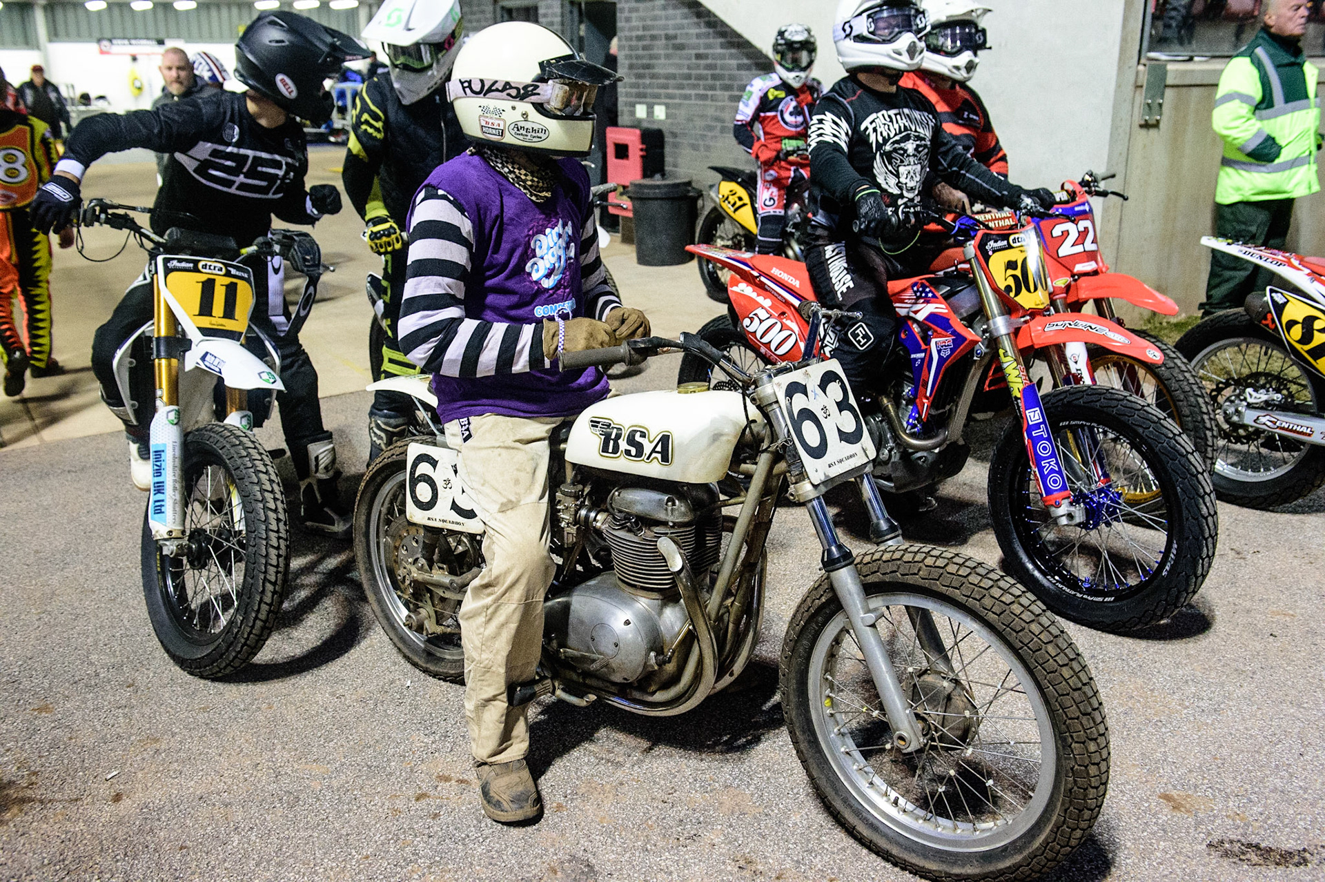 MANCHESTER, UK. OCT 30TH   Oddies Danann (63) on the vintage BSA bike waits to practice during the Manchester Masters Sidecar Speedway and Flat Track Racing at the National Speedway Stadium, Manchester on Saturday 30th October 2021. (Credit: Ian Charles | MI News)