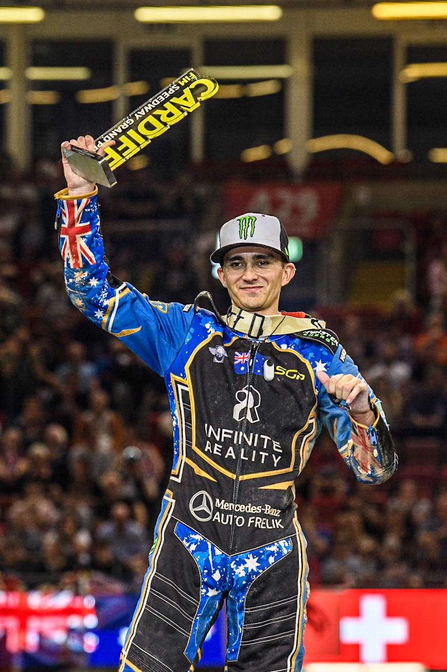 Jack Holder (25) with his trophy during the FIM Speedway Grand Prix of Great Britain at the Principality Stadium, Cardiff on Saturday 2nd September 2023. (Photo: Ian Charles | MI News)