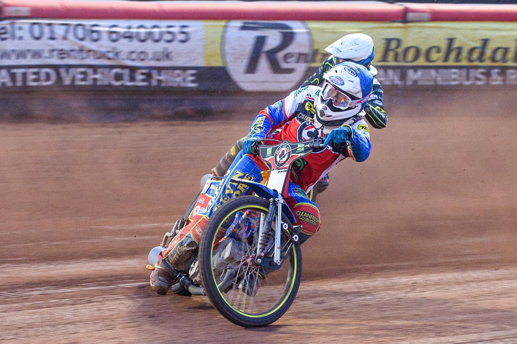 MANCHESTER UK Simon Lambert (Blue) leads Craig Cook (White) during the SGB Premiership match between Belle Vue Aces and Ipswich Witches at the National Speedway Stadium, Manchester on Monday 2nd August 2021. (Credit: Ian Charles | MI News)