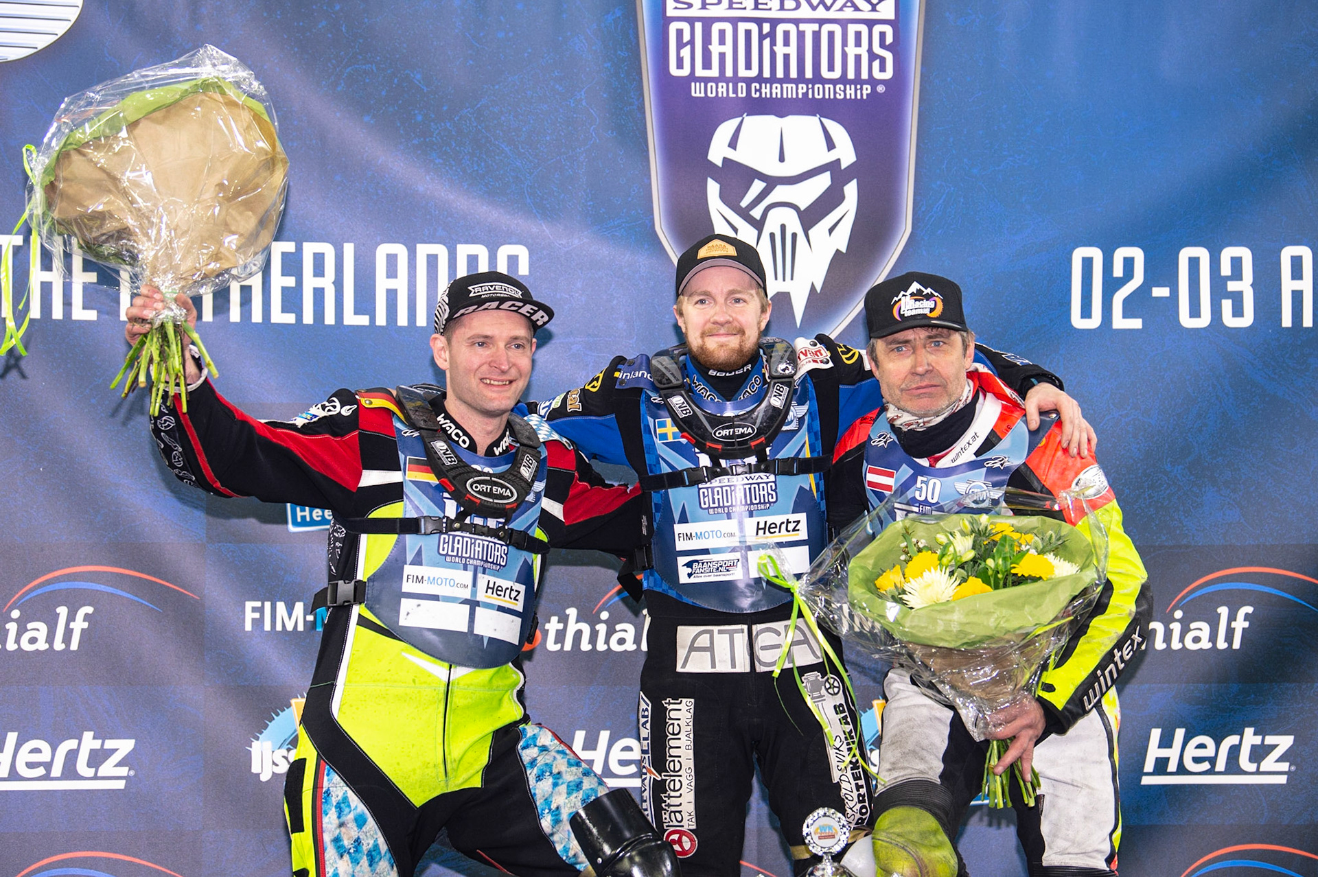 HEERENVEEN, NL. Final 3 Top 3: (l-r) Johann Weber (33)  (2nd), Martin Hååruhiltunen (199)  (Winner) Harald Simon (50) (3rd) during the FIM Ice Speedway Gladiators World Championship Final 3 at Ice Rink Thialf, Heerenveen on Saturday  2 April 2022. (Credit: Ian Charles | MI News)