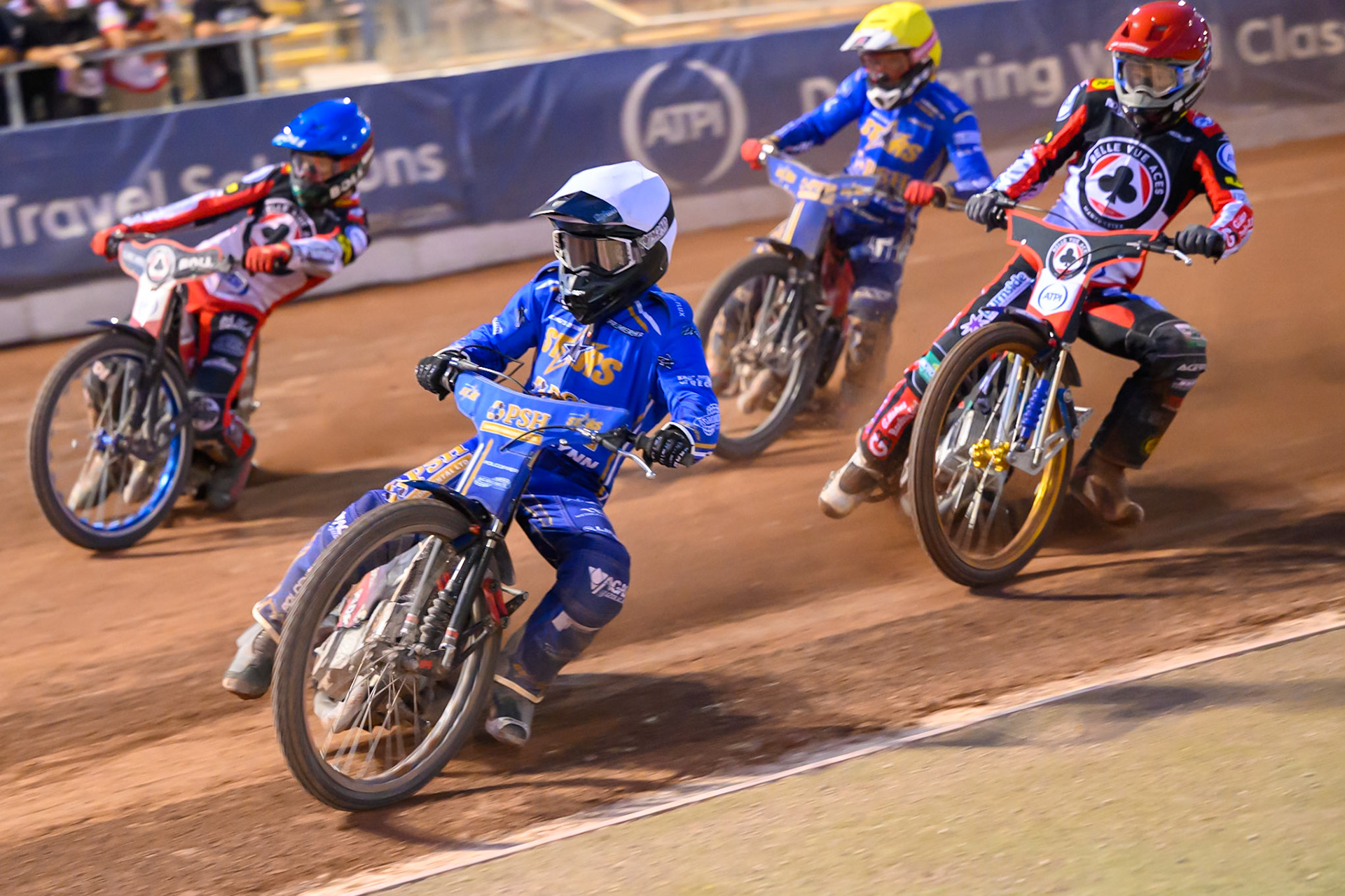 Ben Cook of Kings Lynn Stars in White leading Jason Doyle of Belle Vue Aces in Red , Brady Kurtz of Belle Vue Aces in Blue  and Max Fricke of Kings Lynn Stars in Yellow during the Rowe Motor Oil Premiership match between Belle Vue Aces and King's Lynn Stars at the National Speedway Stadium, Manchester on Monday 10th August 2026. (Photo: Ian Charles | MI News)