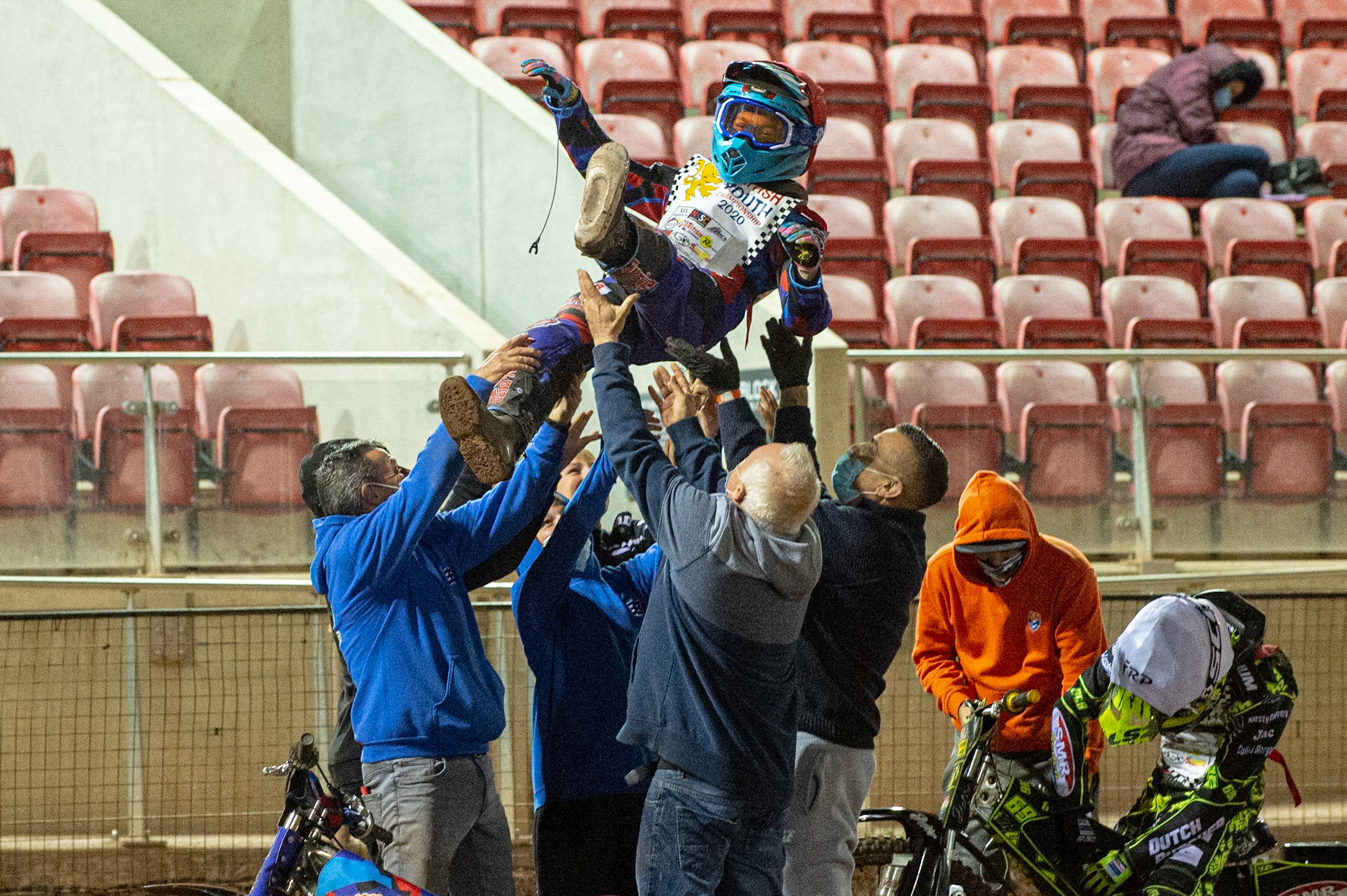 Photo: Ian CharlesSonny Springer gets the bumps as the 125cc A Class Final winner British Youth Speedway Championship (Round 5), National Speedway Stadium, Manchester Saturday  10  October  2020