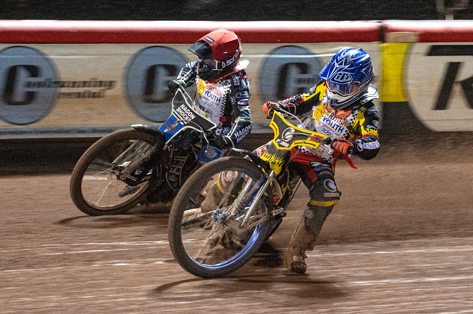 Photo: Ian CharlesMax James (Blue) inside Ashton Vale (Red) (250cc Class)British Youth Speedway Championship (Round 5), National Speedway Stadium, Manchester Saturday  10  October  2020