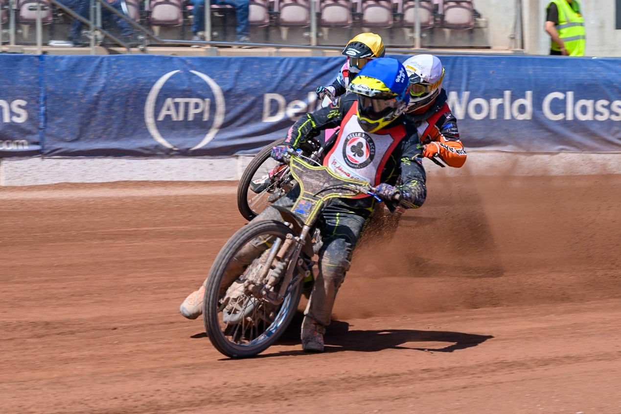 COLTS ACADEMY INDIVIDUAL EVENT Ben Whalley  in Blue  leading Mark Parker in White  and Anika Loftus in Yellow  during the JR Ashworth &amp; Sons Event at the National Speedway Stadium, Manchester on Sunday 19th July 2026. (Photo: Ian Charles | MI News)