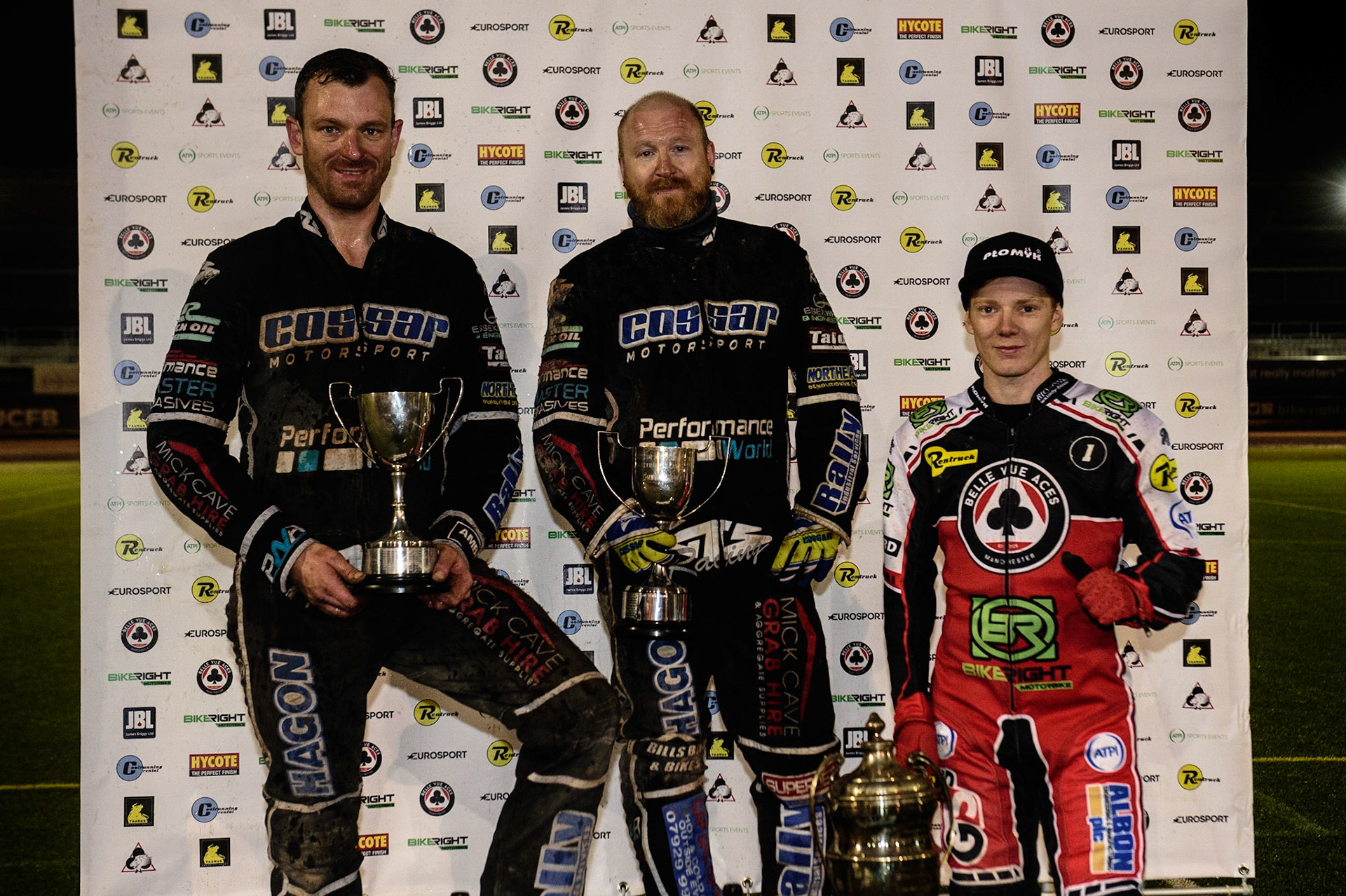 MANCHESTER, UK. OCT 30TH   Dan Bewley (right)( presented Sidecar winners Mark Cossar &amp; Gareth Williams  with their Grass Track Masters trophies during the Manchester Masters Sidecar Speedway and Flat Track Racing at the National Speedway Stadium, Manchester on Saturday 30th October 2021. (Credit: Ian Charles | MI News)