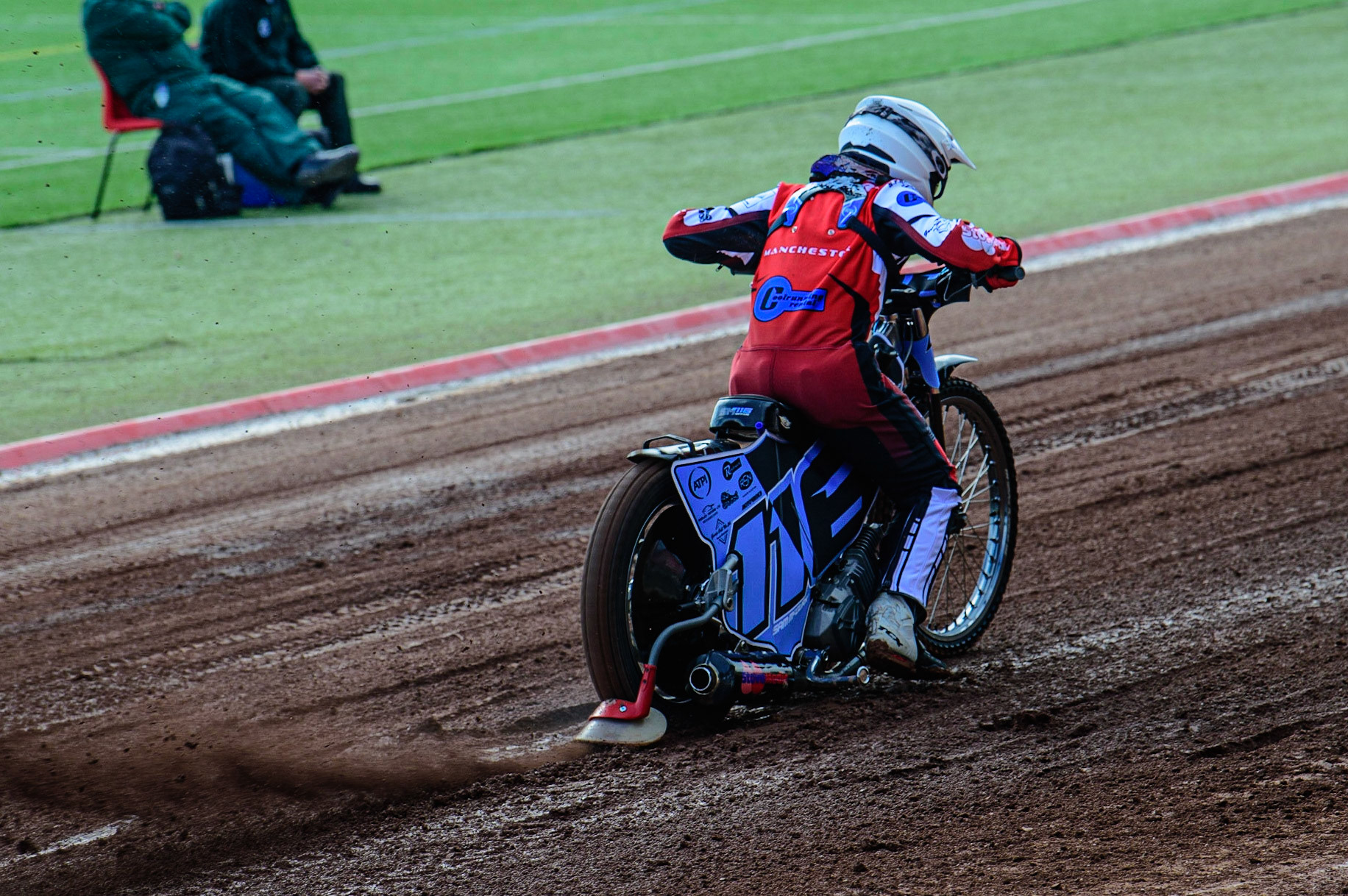 MANCHESTER, UK. MAR 14TH Sam McGurk does a practice start during the Belle Vue Speedway Media Day at the National Speedway Stadium, Manchester on Monday 14th March 2022. (Credit: Ian Charles | MI News)