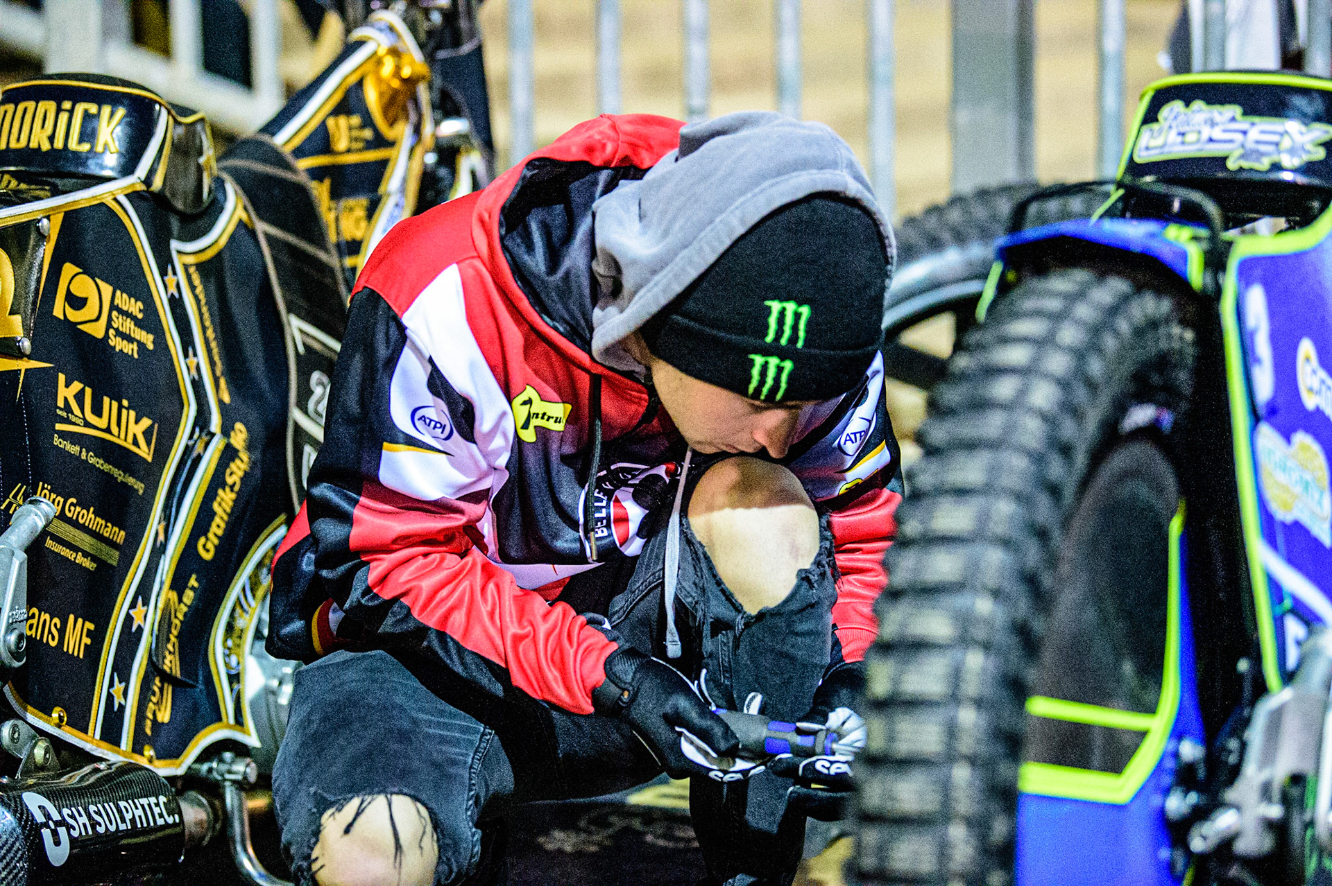 Jaimon Lidsey  works on his bike  during the Sheffield Tigers vs Belle Vue Aces meeting in the SGP Premiership at Owlerton Stadium, Sheffield on Thursday 23rd March 2023. (Photo: Ian Charles | MI News)