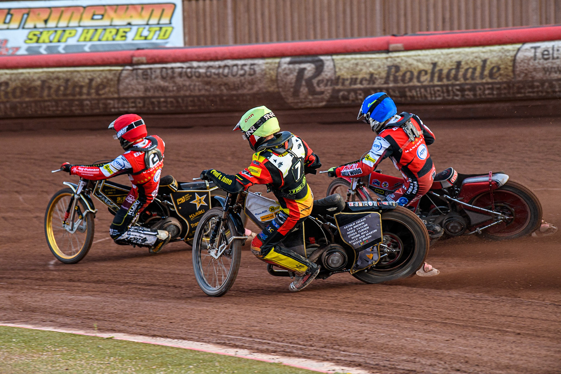 Dan Thompson (Yellow) inside Norick Blodorn (Red) and Connor Bailey (Blue) during the Sports Insure Premiership match between Belle Vue Aces and Ipswich Witches at the National Speedway Stadium, Manchester on Monday 17th July 2023. (Photo: Ian Charles | MI News)