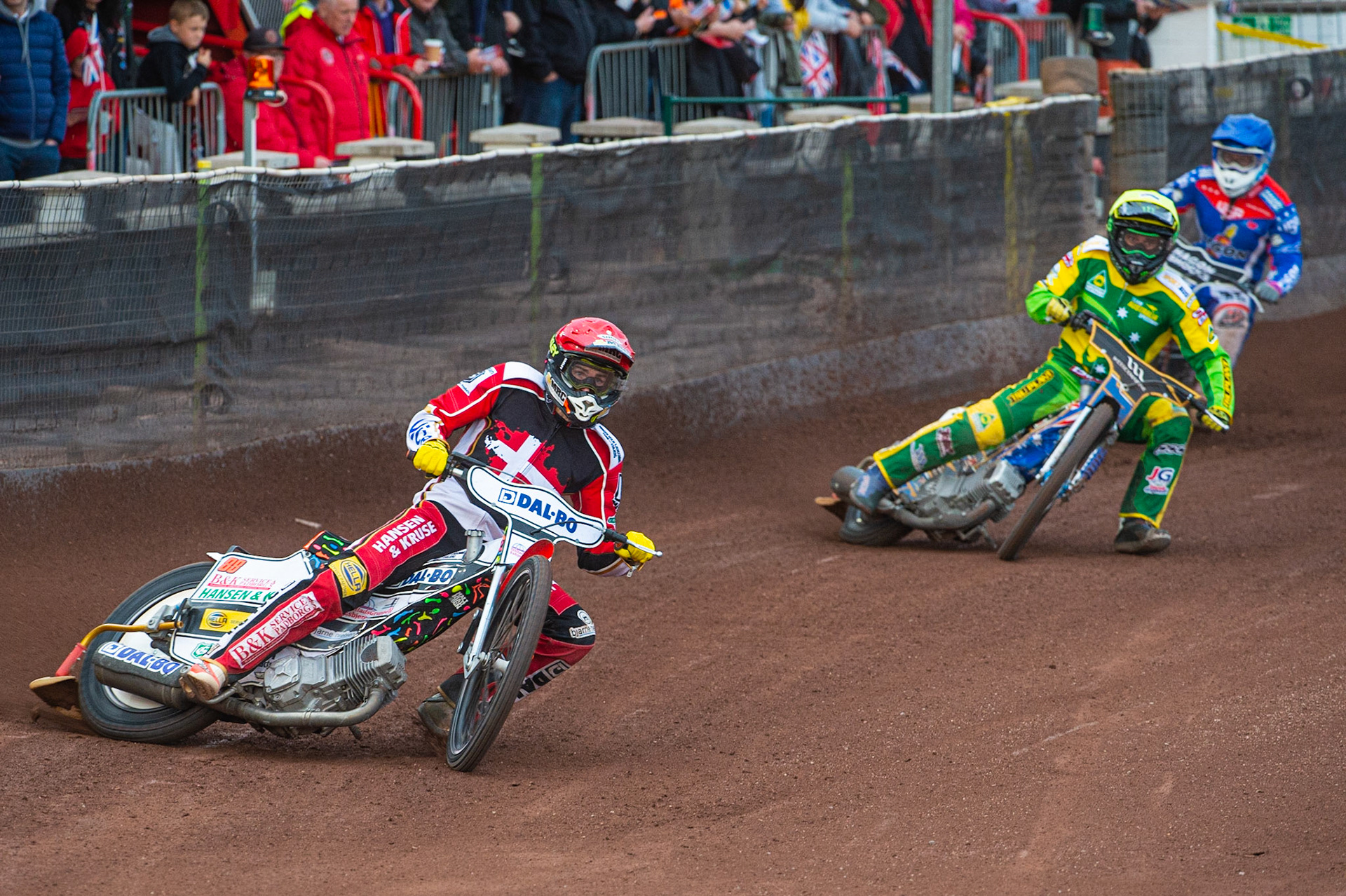 Photo by Ian Charles:

Niels-Kristian Iversen (Red) leads Chris Holder (Yellow) and Broc Nichol (Blue)

FIM Speedway Grand Prix World Championship - Qualifying Round 1, Peugeot Ashfield Stadium, Glasgow, 8 June 2019