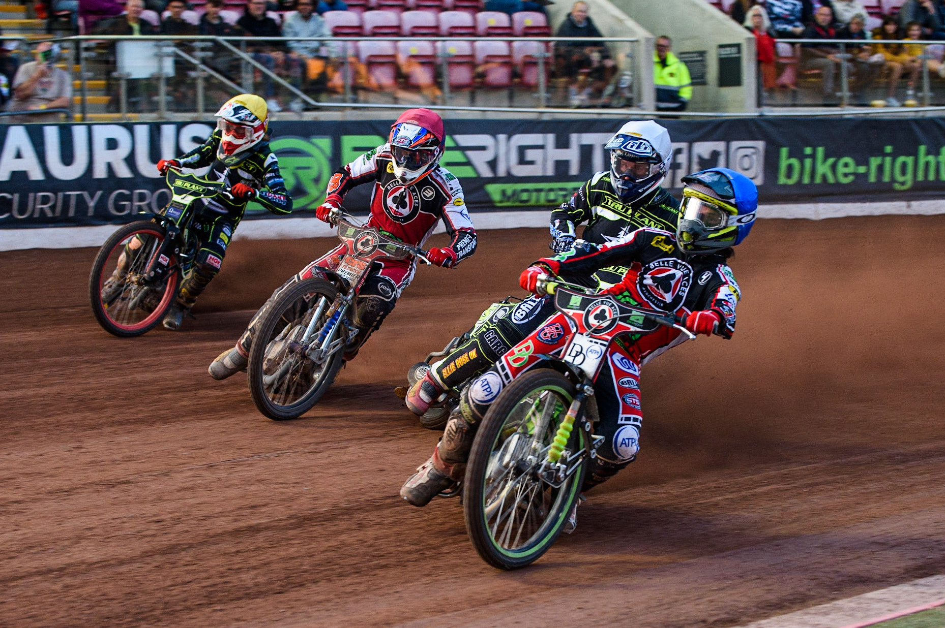 MANCHESTER UKCharles Wright   (Blue) leads Jake Allen  (White) Steve Worrall  (Red) and Drew Kemp  (Yellow) into the first turn during the SGB Premiership match between Belle Vue Aces and Ipswich Witches at the National Speedway Stadium, Manchester on Monday 2nd August 2021. (Credit: Ian Charles | MI News)