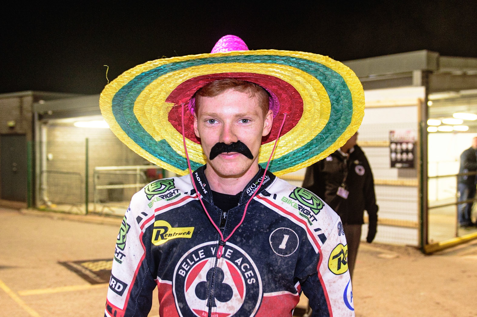 MANCHESTER, UK. OCT 11TH  Dan Bewley  with the mexican look during the SGB Premiership Grand Final 1st Leg between Belle Vue Aces and Peterborough Panthers at the National Speedway Stadium, Manchester on Monday 11th October 2021. (Credit: Ian Charles | MI News)
