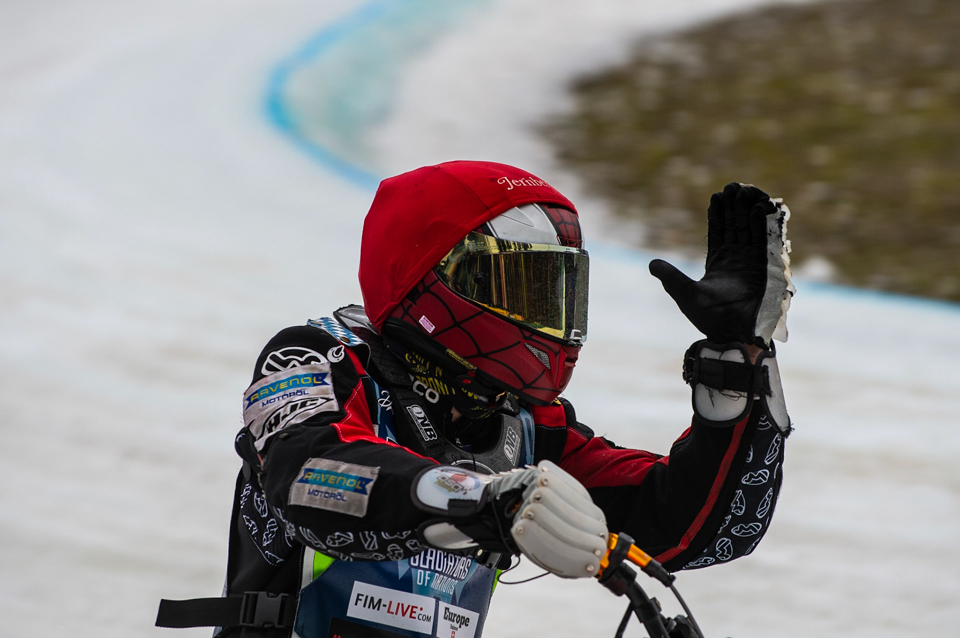 BERLIN GERMANY  - March 1  Johan Weber of Germany celebrates   during the Ice Speedway of Nations at the Horst-Dohm-Eisstadion, Berlin,  on Sunday 1 March 2020. (Credit: Ian Charles | MI News)