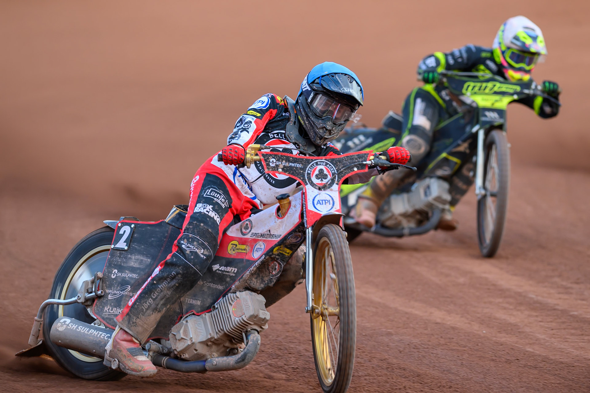Norick Blödorn of Belle Vue Aces in Blue leading Richard Lawson of Ipswich Witches in White during the Rowe Motor Oil Premiership match between Belle Vue Aces and Ipswich Witches at the National Speedway Stadium, Manchester on Saturday 20th June 2026. (Photo: Ian Charles | MI News)