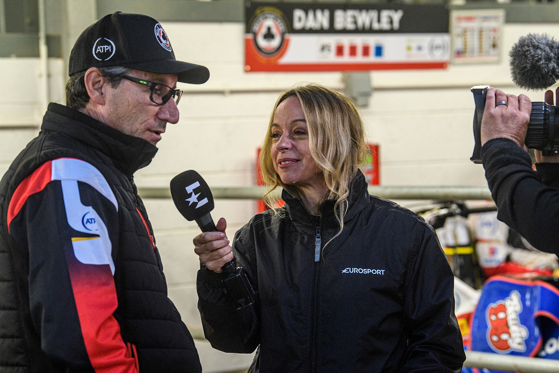 Mark Lemon is interviewed by Abi Stevens for the Eurosport Cameras during the Sports Insure Premiership match between Belle Vue Aces and Sheffield Tigers at the National Speedway Stadium, Manchester on Monday 7th August 2023. (Photo: Ian Charles | MI News)