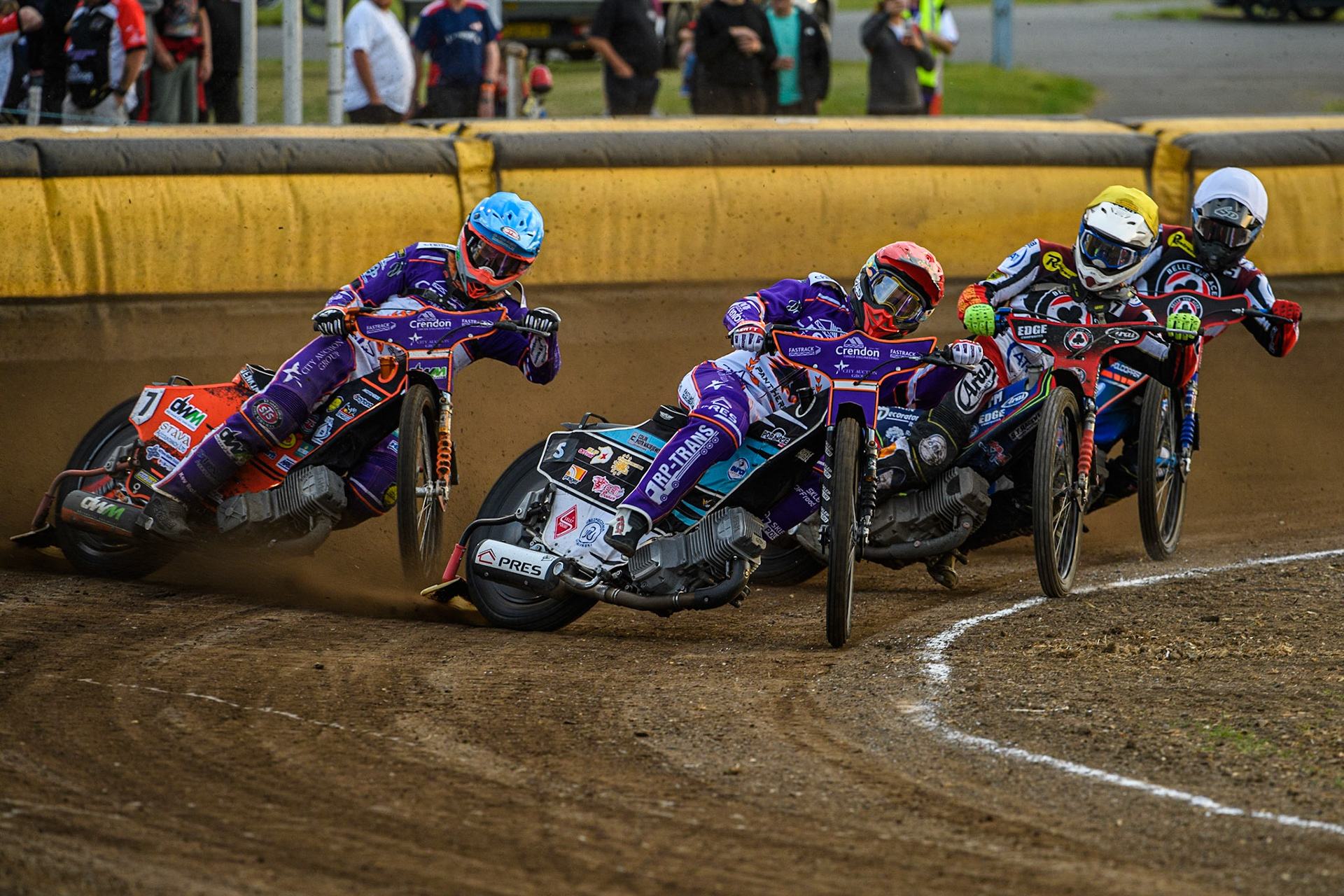 Vadim Tarasenko (Red) and Jordan Jenkins (Blue) lead Jake Mulford (Yellow) and Brady Kurtz (White) during the Sports Insure Premiership match between Peterborough and Belle Vue Aces at East of England Showground, Peterborough on Monday 26th June 2023. (Photo: Ian Charles | MI News)