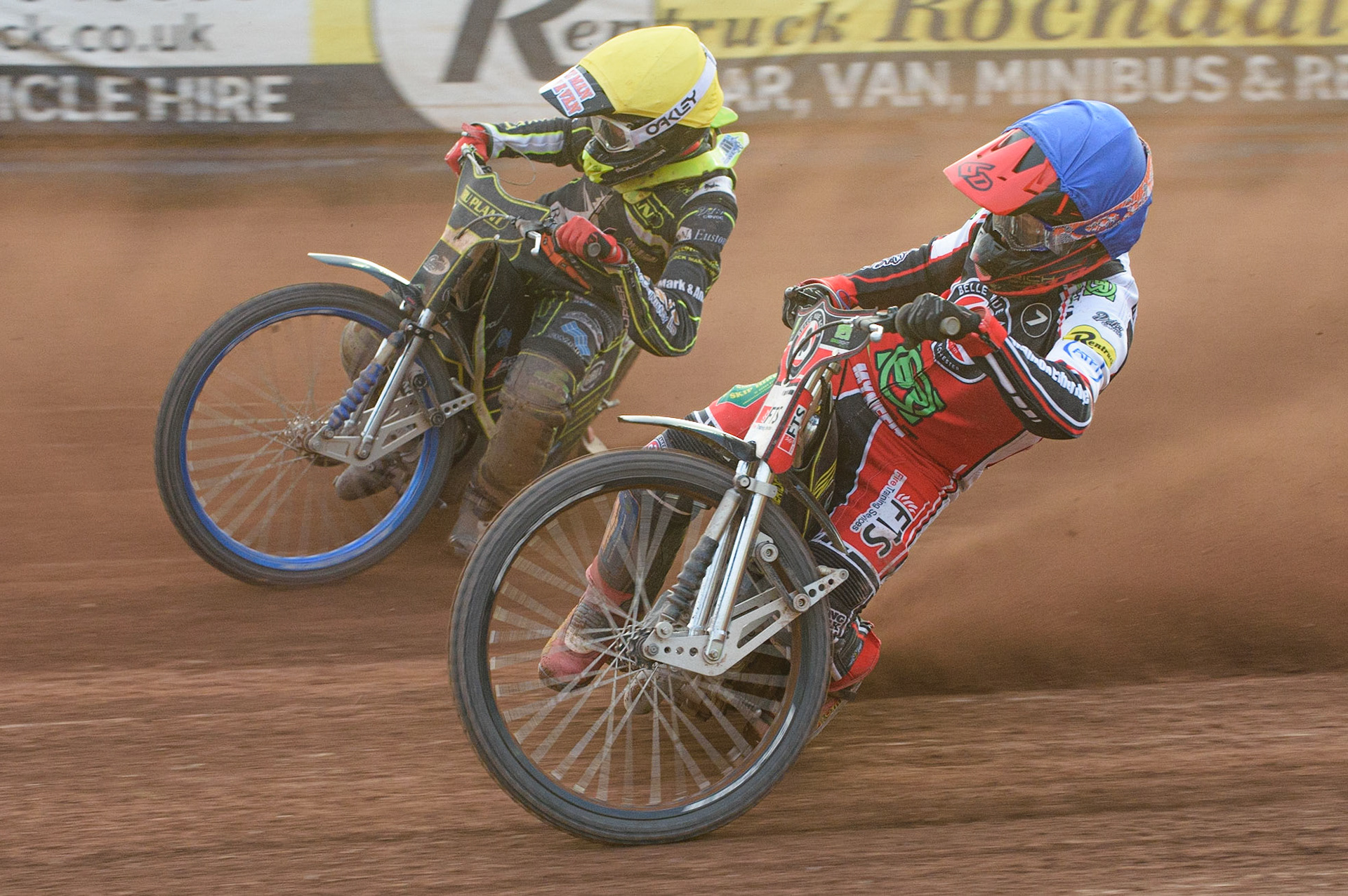 MANCHESTER, UK. JUNE 7TH   Belle Vue Bikeright Aces  Jye Etheridge (Blue) battles with Ipswich TruPlant Witches  Anders Rowe  (Yellow) during the SGB Premiership match between Belle Vue Aces and Ipswich Witches at the National Speedway Stadium, Manchester on Monday 7th June 2021. (Credit: Ian Charles | MI News)