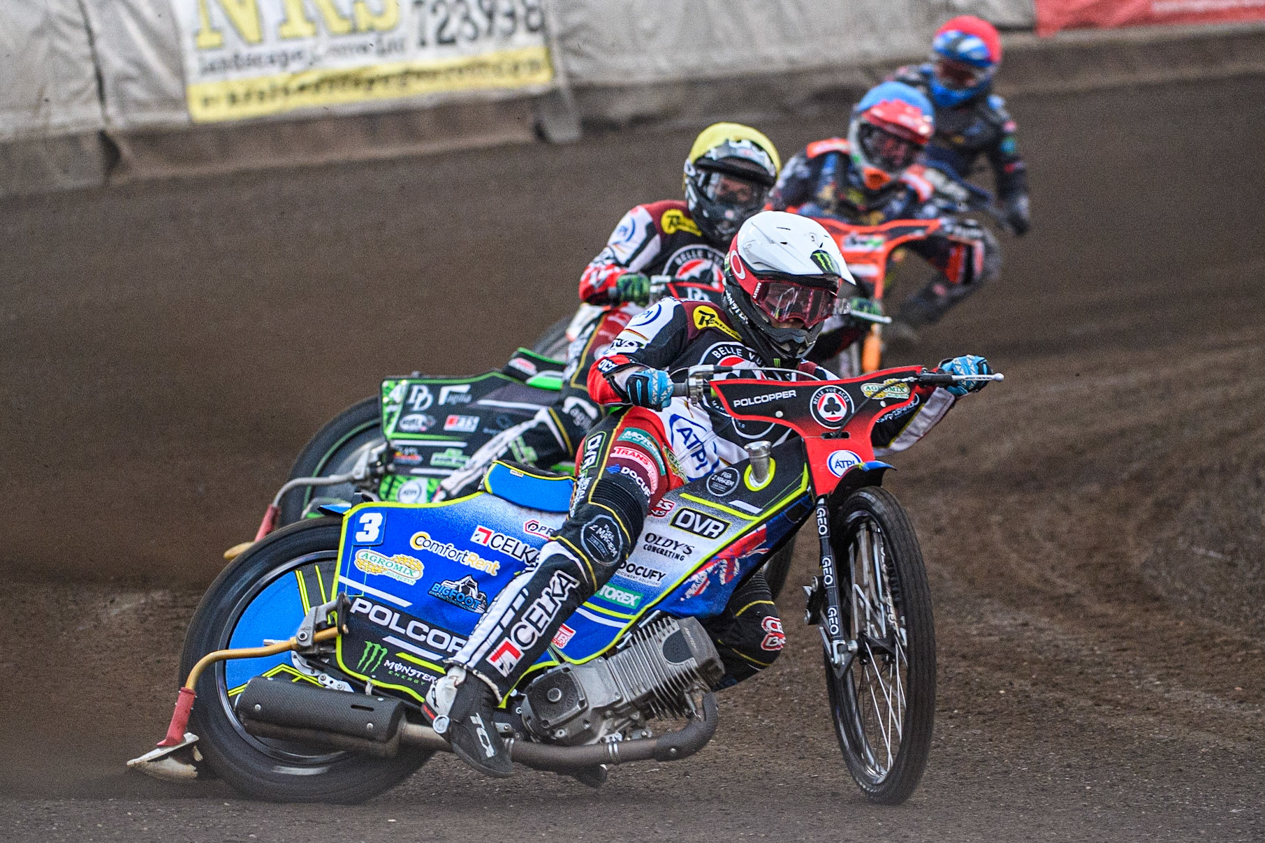 Jaimon Lidsey  (White) leads  Charles Wright  (Yellow), Jordan Jenkins (Blue) and Emil Breum (Red) during the Sports Insure Premiership match between King's Lynn Stars and Belle Vue Aces at the Adrian Flux Arena, King's Lynn on Thursday 24th August 2023. (Photo: Ian Charles | MI News)
