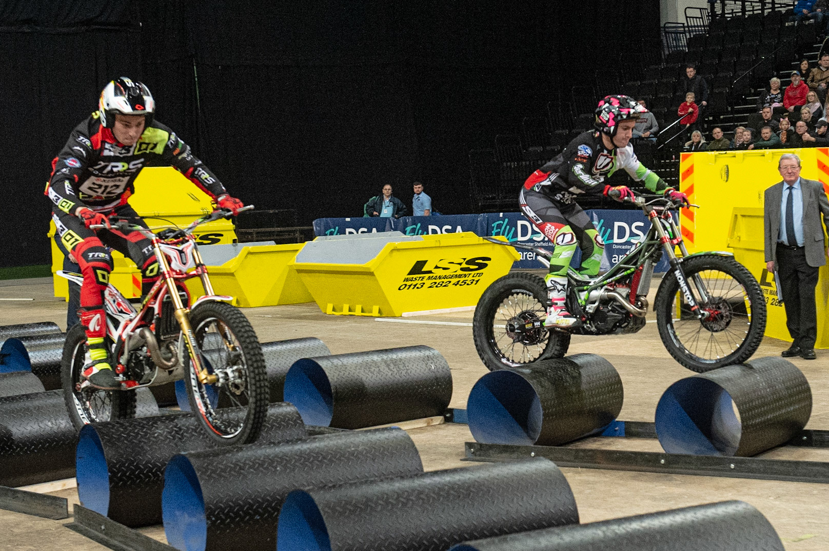 SHEFFIELD, ENGLAND  - DECEMBER 28TH Toby Martyn, UK (Beta) (left) races Jamie Busto, Spain (Vertigo) in the first heat of the Final   during the 25th Anniversary Sheffield Indoor Trial at the FlyDSA Arena, Sheffield on Saturday 28th December 2019. (Credit: Ian Charles | MI News)