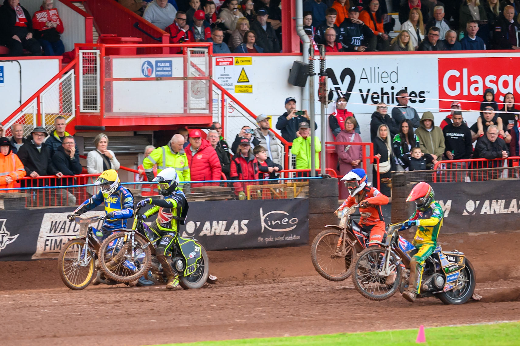 (L to R) Victor Palovaara of Sweden in Yellow \Reserve Tom Brennan of Great Britain in White, Sven Cerjak of Slovenia in Blue and Jack Holder of Australia in Red during the Speedway GP Qualifying Round 3 at Allied Ashfield Stadium, Glasgow on Saturday 30th May 2026. (Photo: Ian Charles | MI News)