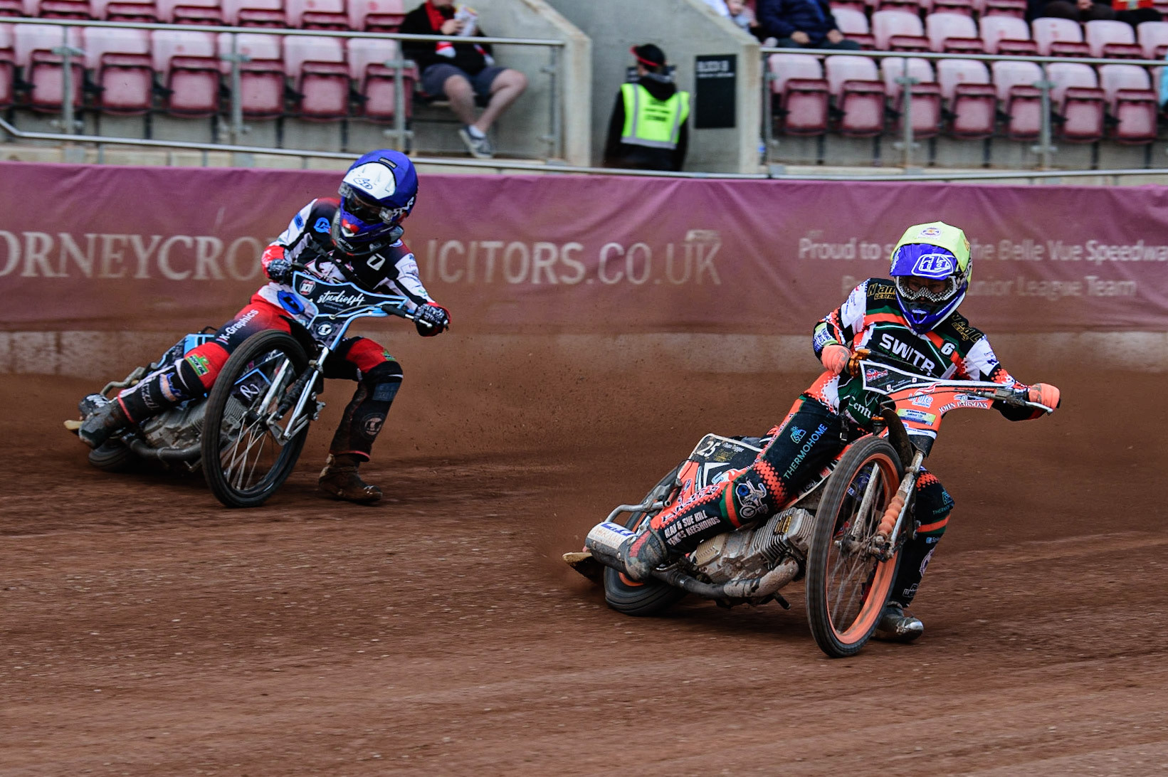 MANCHESTER, UK. APR 15TH   Ben Trigger  (Yellow) inside Freddy Hodder (Blue) during the National Development League match between Belle Vue Colts and Plymouth Centurions at the National Speedway Stadium, Manchester on Friday 15th April 2022. (Credit: Ian Charles | MI News)