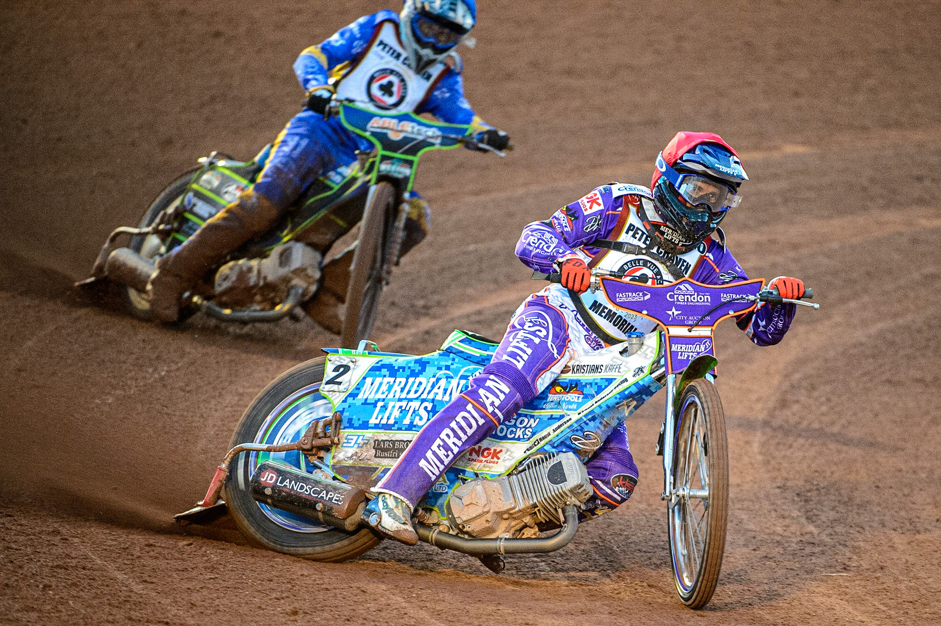 Hans Andersen  (Red) leads Kye Thompson  (Blue) during the Peter Craven Memorial Trophy  at the National Speedway Stadium, Manchester on Monday 3rd April 2023. (Photo: Ian Charles | MI News)