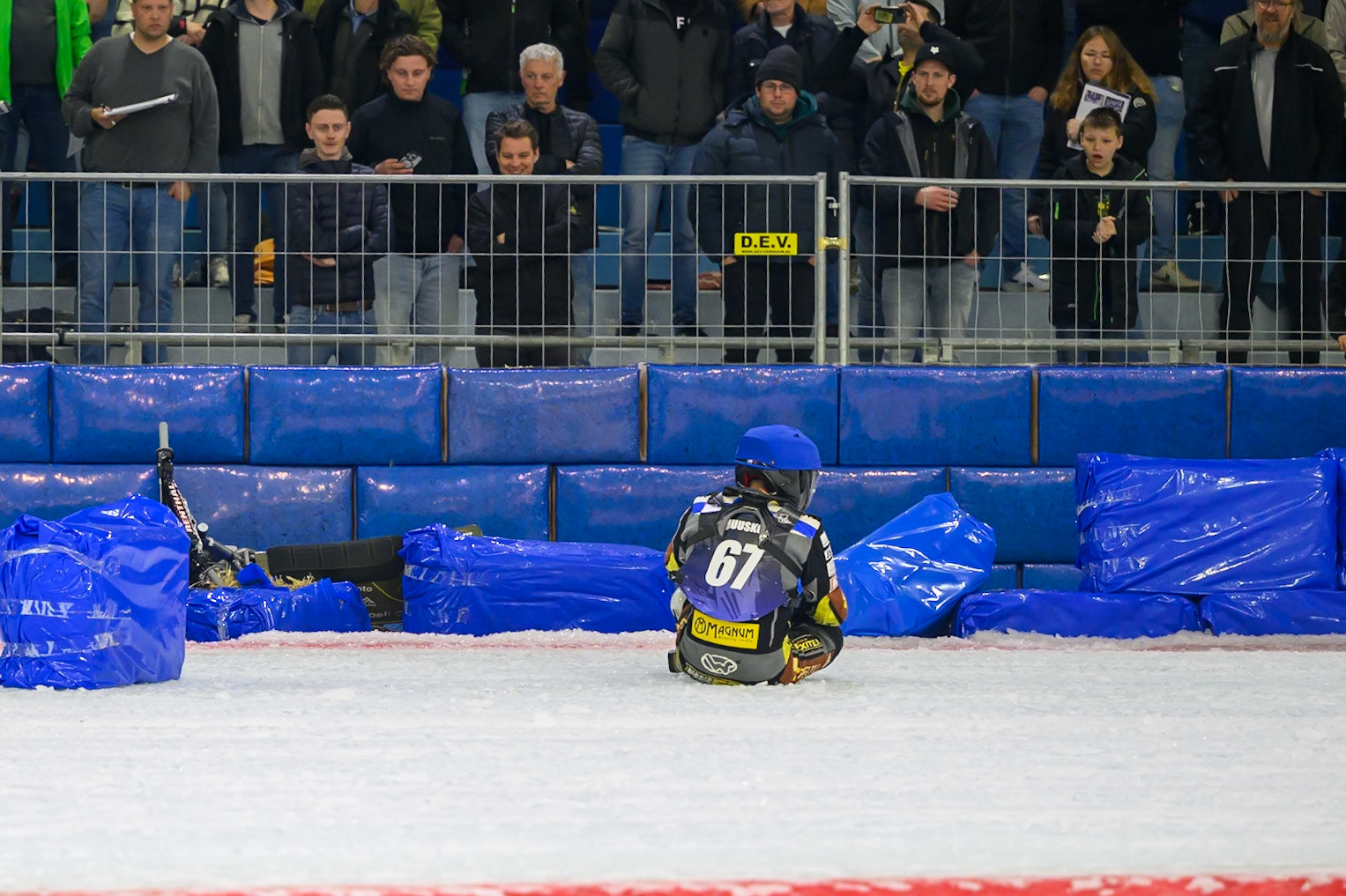 Heikki Huusko (67) of Finland  after his fall in the final during the FIM Ice Speedway Gladiators World Championship Final 3 at Ice Rink Thialf, Heerenveen on Saturday 11th April 2026. (Photo: Ian Charles | MI News)