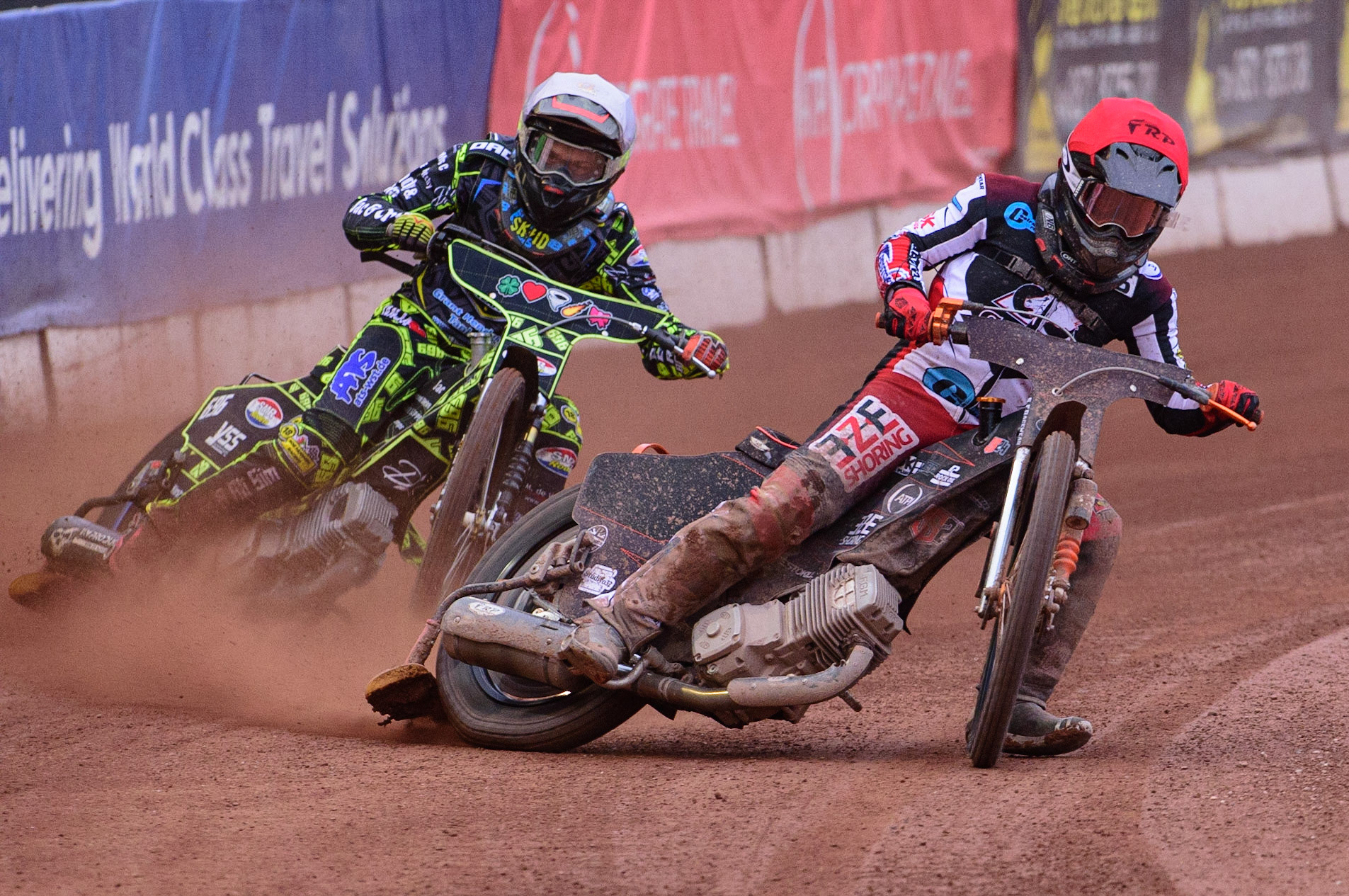 MANCHESTER, UK. JUN 24TH  Jack Smith  (Red) leads Ace Pijper  (White) during the National Development League match between Belle Vue Colts and Berwick Bullets at the National Speedway Stadium, Manchester on Friday 24th June 2022. (Credit: Ian Charles | MI News)