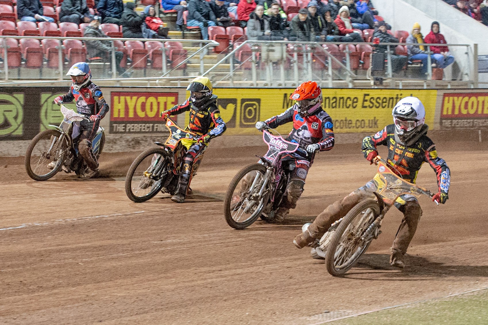 Photo: Ian Charles

From the inside: Joe Thomson  (White) Leon Flint  (Red) Dan Thomson  (Yellow) and Ben Rathbone  (Blue)

Belle Vue Colts v Leicester Lion Cubs, SGB National League KO Cup Final (2nd Leg), Belle Vue National Speedway Stadium, Manchester, Tuesday 29  October  2019