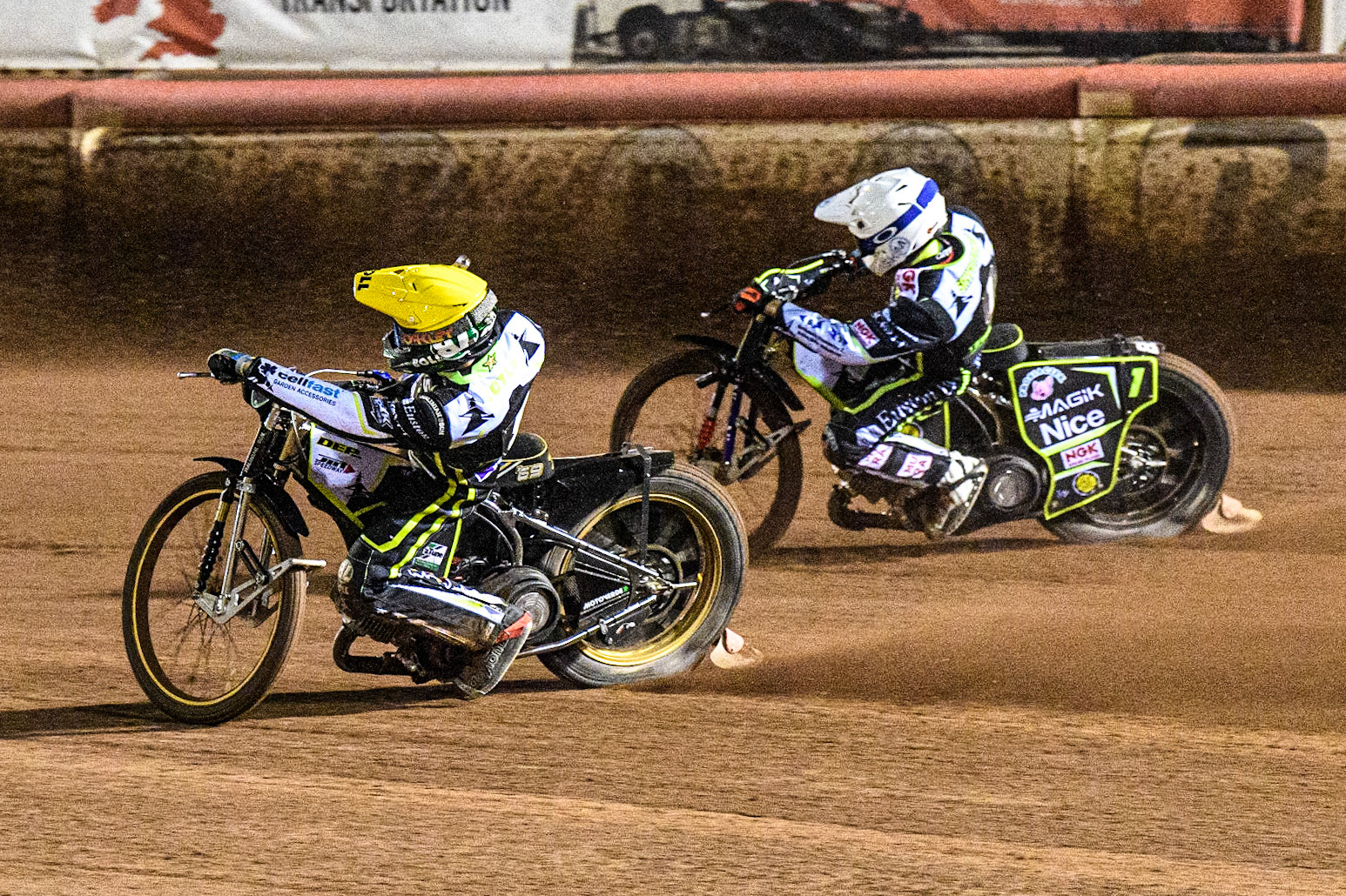 Jason Doyle (Yellow) inside team mate Emil Sayfutdinov  (White) during the Sports Insure Premiership Semi Final Playoff 2nd leg match between Belle Vue Aces and Ipswich Witches at the National Speedway Stadium, Manchester on Monday 25th September 2023. (Photo: Ian Charles | MI News)
