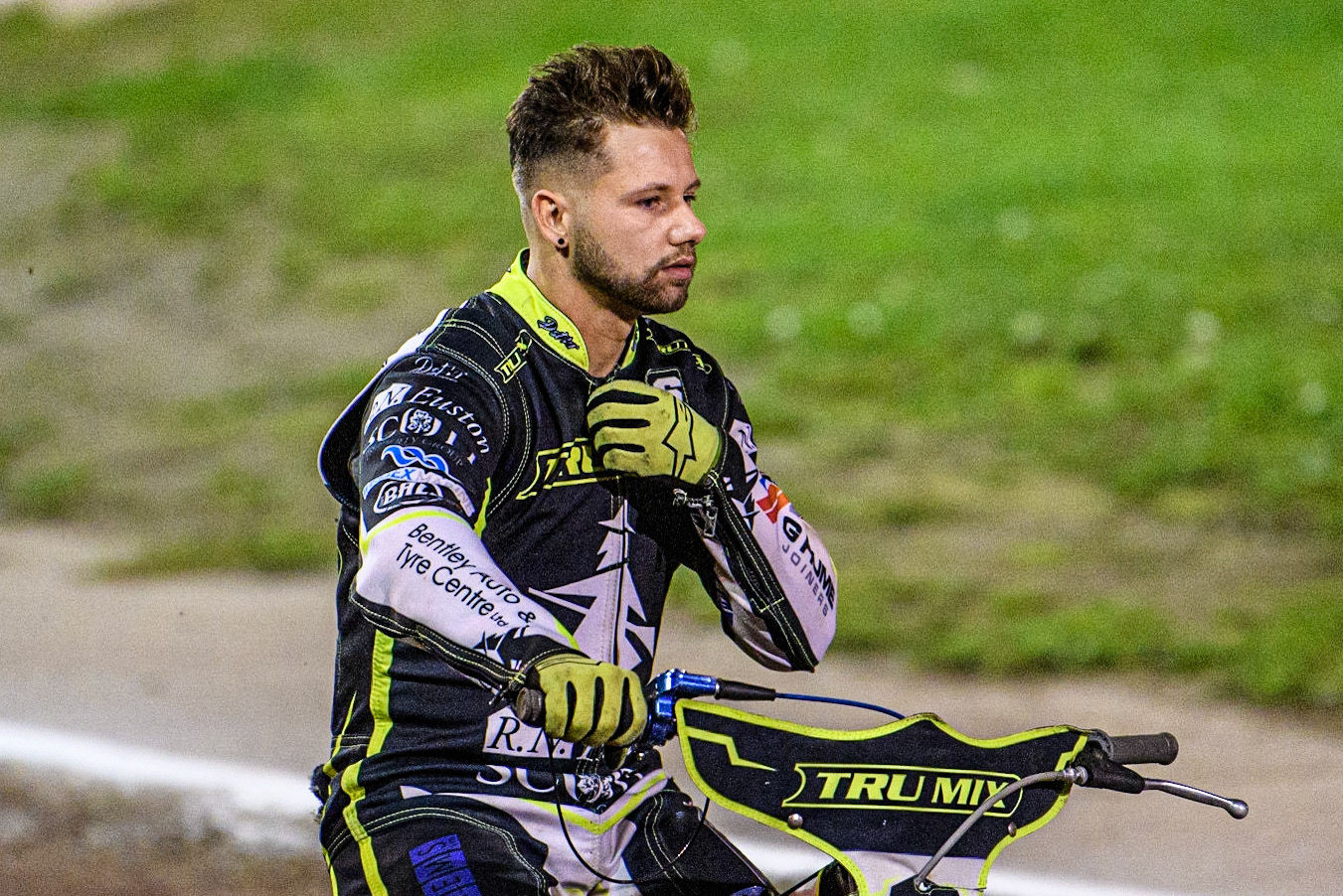 Danyon Hume on the parade lap during the Sports Insure Premiership Grand Final Second Leg match between Sheffield Tigers and Ipswich Witches at Owlerton Stadium, Sheffield on Thursday 5th October 2023. (Photo: Ian Charles | MI News)