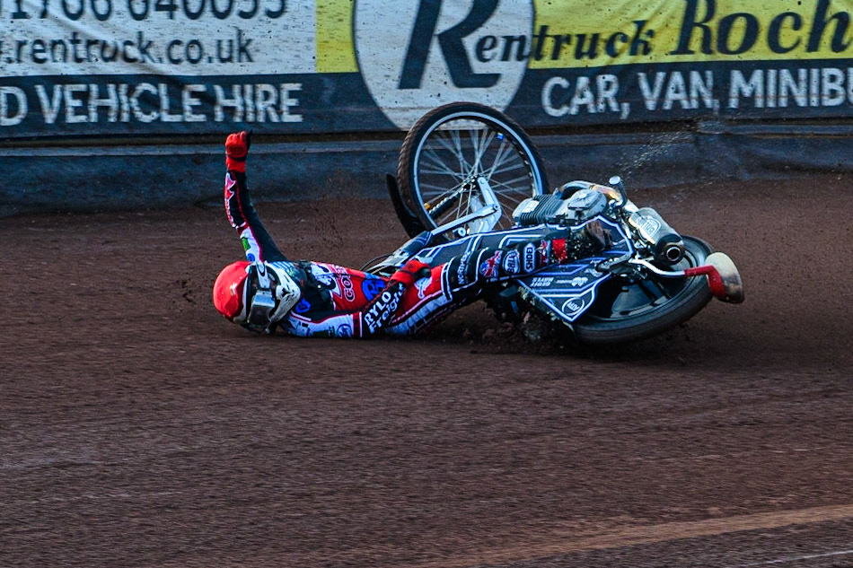 MANCHESTER, UK. JULY 23RD Sam McGurk   spins off during the National Development League match between Belle Vue Colts and Eastbourne Seagulls at the National Speedway Stadium, Manchester on Friday 23rd July 2021. (Credit: Ian Charles | MI News)