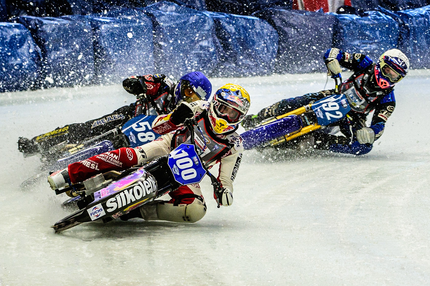 Franz Zorn (100) (Yellow) leads Stefan Svensson (58) (Blue) and Niclas Svensson (192) (White)  during the Ice Speedway Gladiators World Championship Final 1 at Max-Aicher-Arena, Inzell, Germany on Saturday 18th March 2023. (Photo: Ian Charles | MI News)