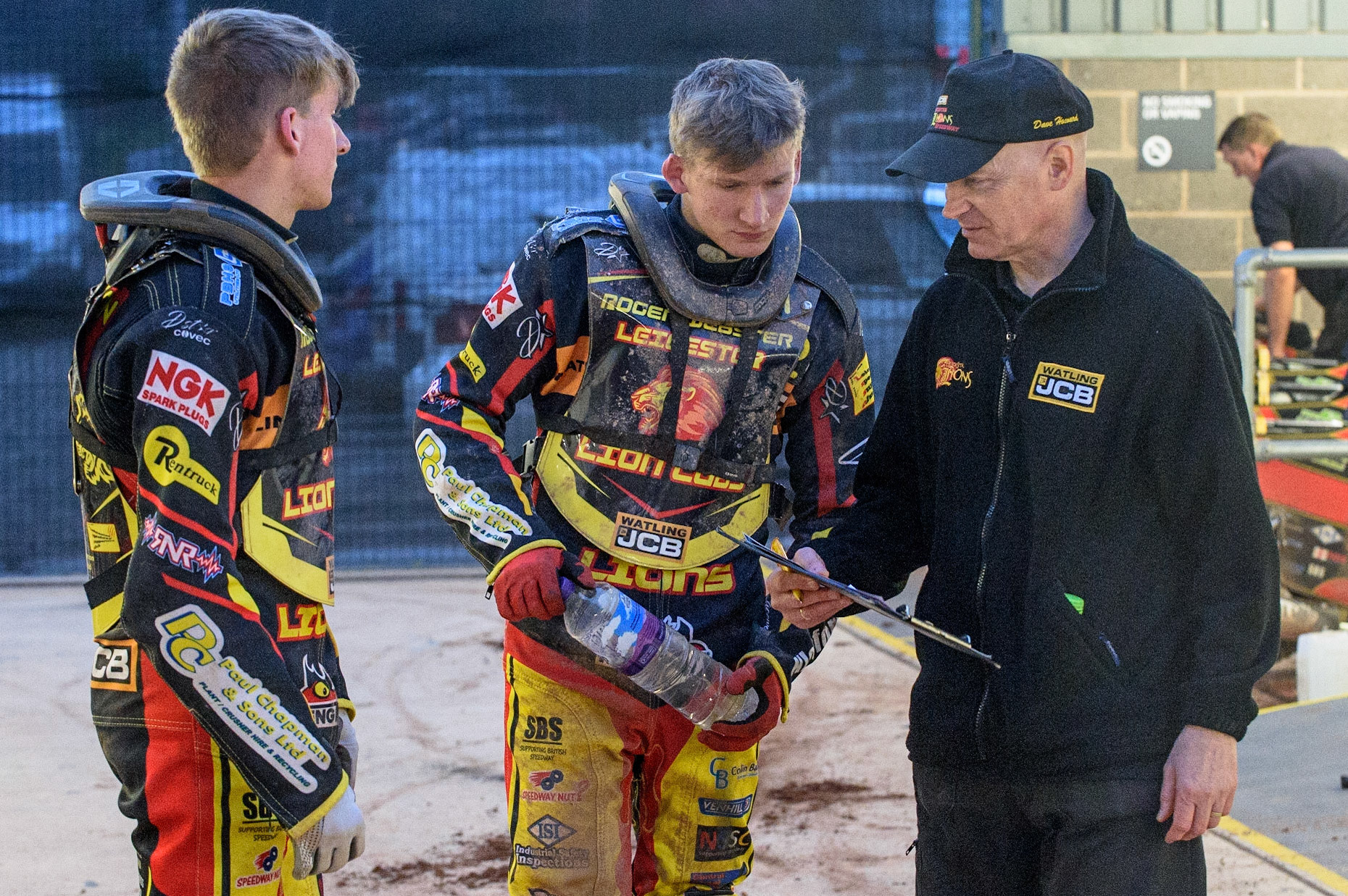 MANCHESTER, UK. JULY 29TH (l-r) Joe Thompson , Joe Lawlor  and Leicester Lion Cubs  team manager Dave Howard  during the National Development League match between Belle Vue Colts and Leicester Lion Cubs at the National Speedway Stadium, Manchester on Thursday 29th July 2021. (Credit: Ian Charles | MI News)